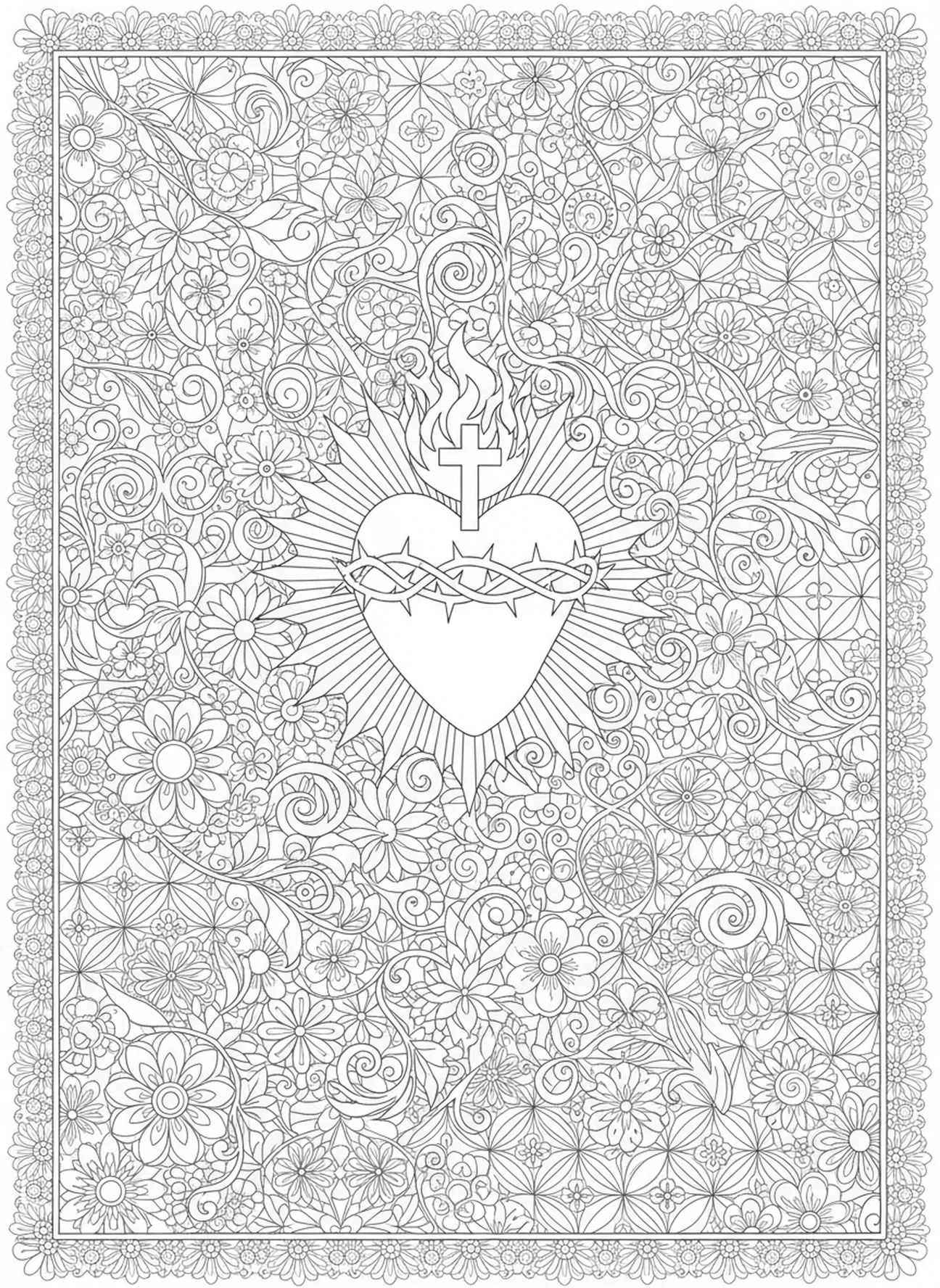 Motifs ornés avec le Sacré-Cœur, page à colorier symbole du Sacré-Cœur pour le style de journal biblique pour adultes