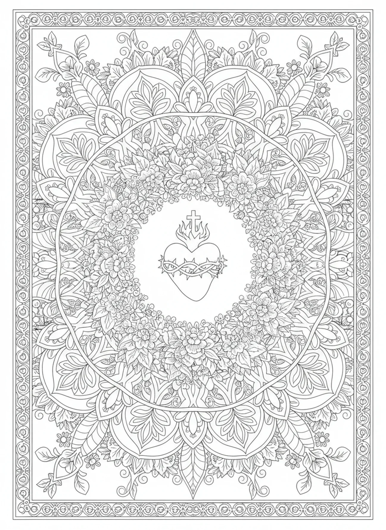 Cœur Sacré dans une couronne de feuillage, page à colorier symbole du Cœur Sacré pour le journaling biblique style adulte
