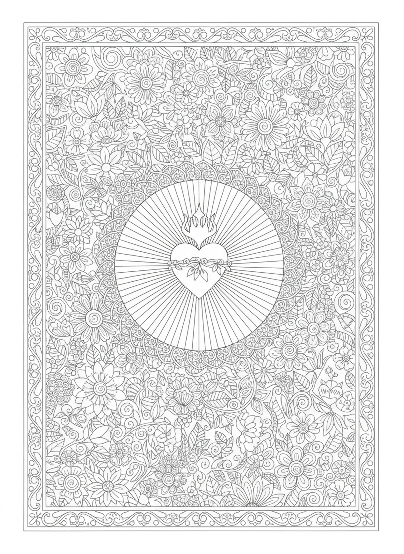 Symbole du Sacré-Cœur rayonnant, page à colorier du Sacré-Cœur pour le journal biblique pour adultes