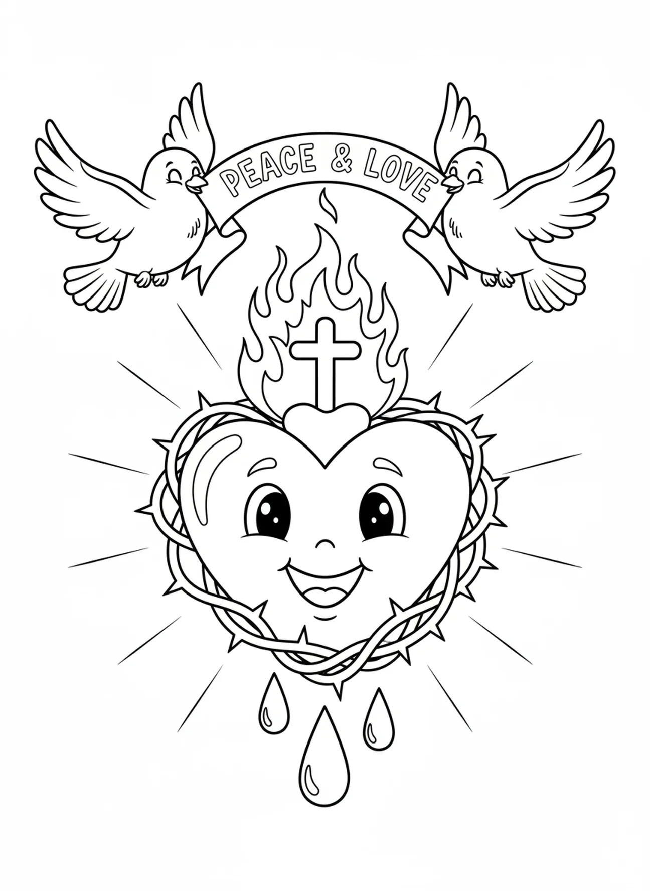 Símbolo do Sagrado Coração com pombas voando, página para colorir do Sagrado Coração para crianças de 5 a 10 anos