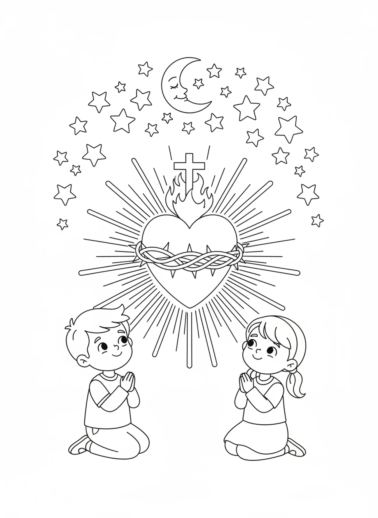 Símbolo do Sagrado Coração sob estrelas cintilantes, página para colorir do Sagrado Coração para crianças de 5 a 10 anos