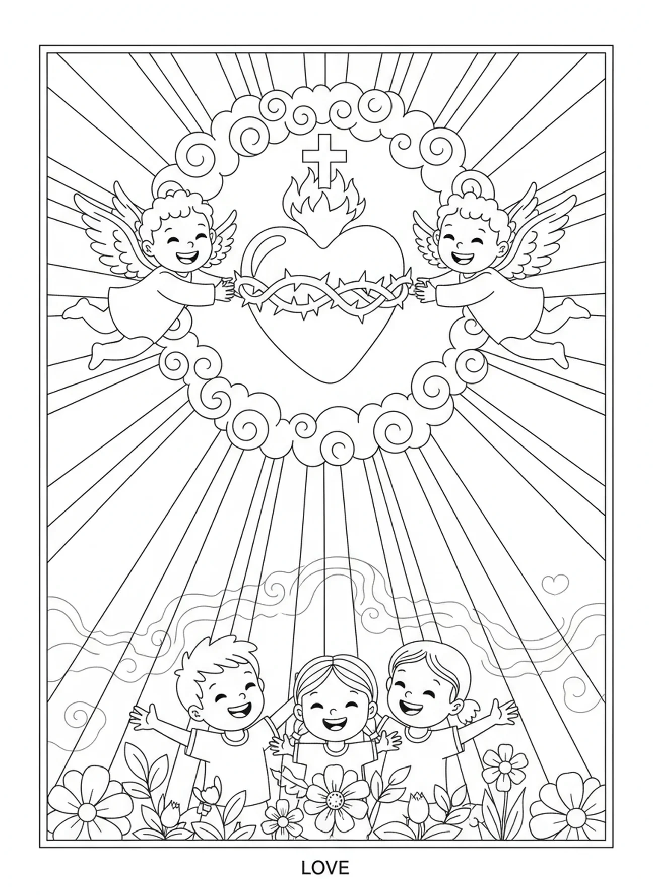 Símbolo do Sagrado Coração com raios de sol brilhantes, página para colorir do Sagrado Coração para crianças de 5 a 10 anos