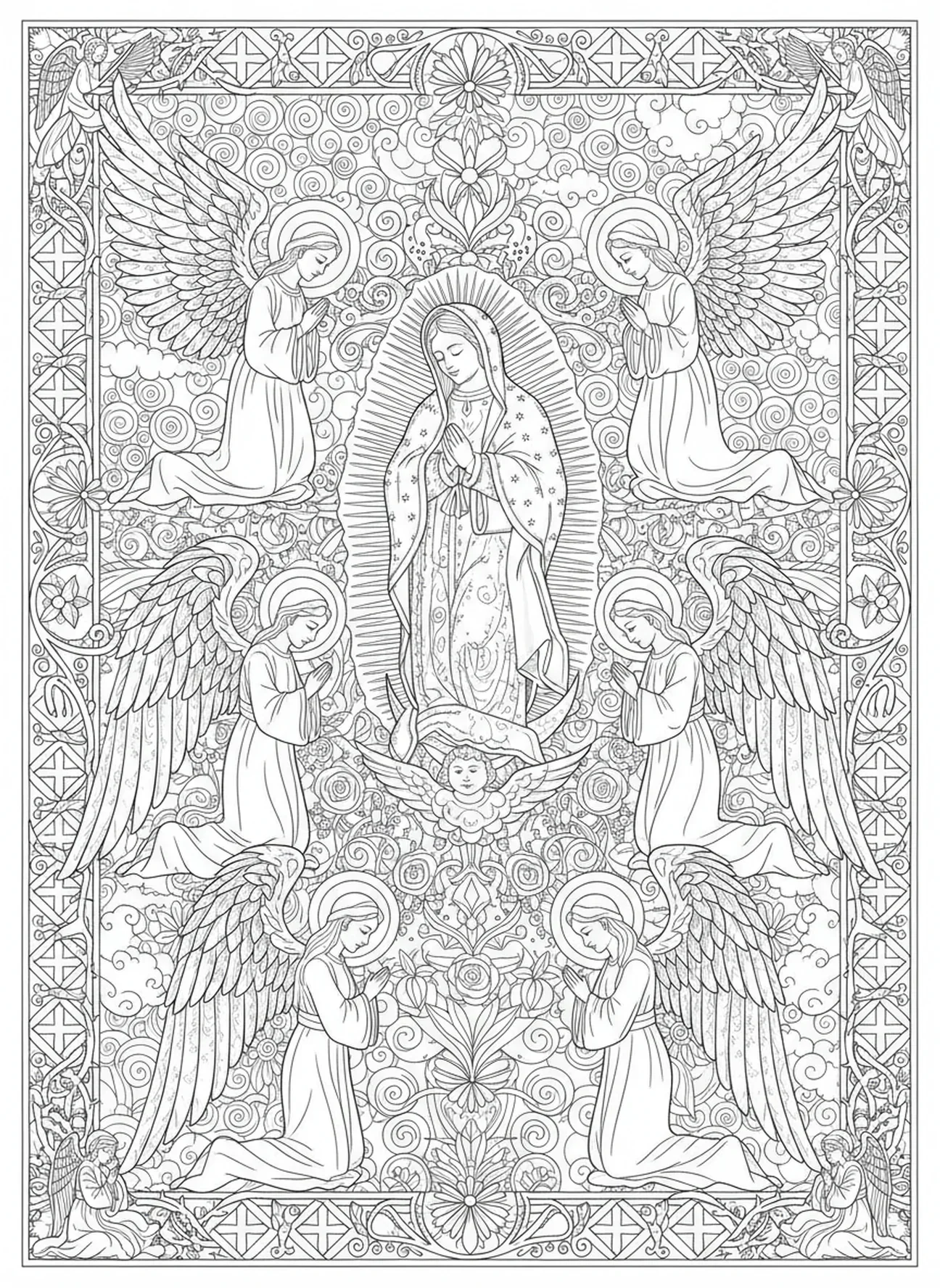 Anges adorant Guadalupe, page à colorier de Notre-Dame de Guadalupe pour le journaling biblique style adulte