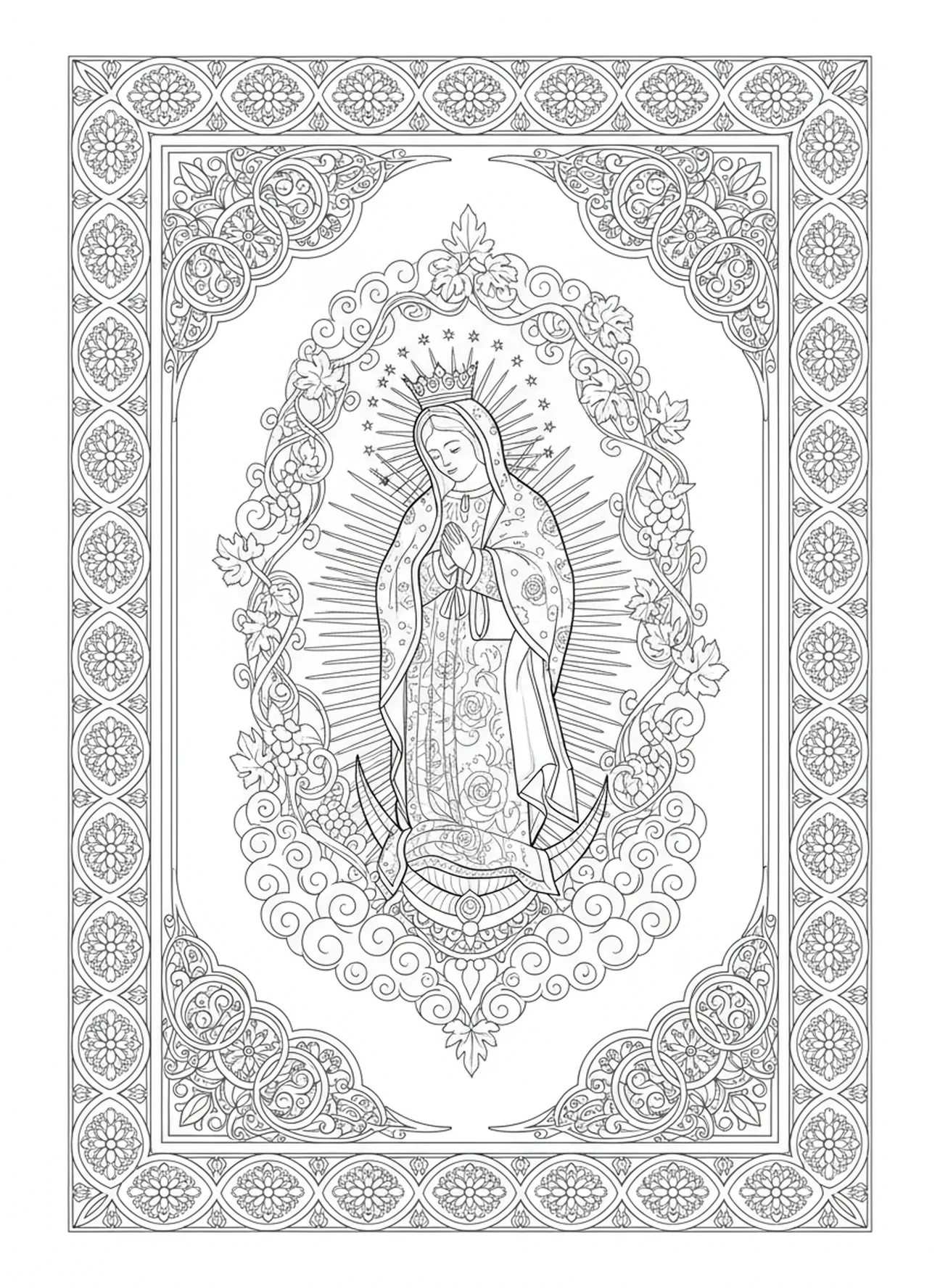 Couronne d'étoiles au-dessus de Notre-Dame de Guadalupe, page à colorier pour adultes dans le style du journal biblique