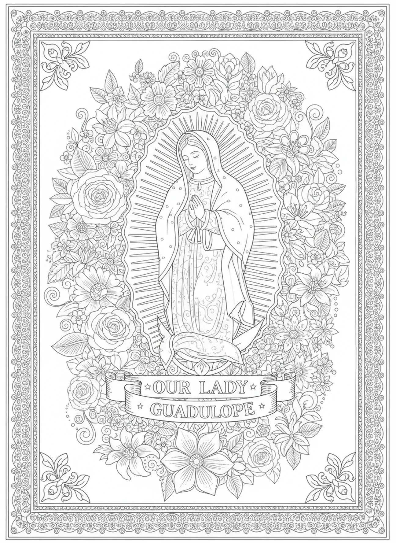 Guadalupe entourée de fleurs, page à colorier de Notre-Dame de Guadalupe pour le style de journal biblique pour adultes