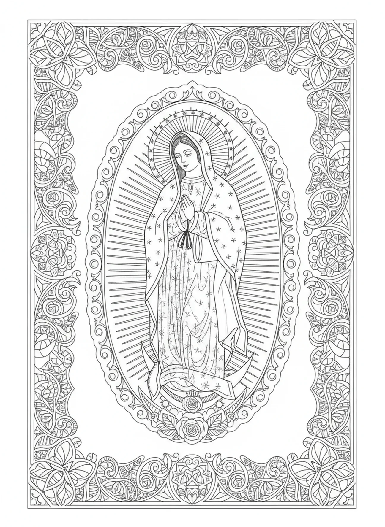 Notre-Dame de Guadalupe sur le soleil, page à colorier Notre-Dame de Guadalupe pour adultes dans le style du journal biblique