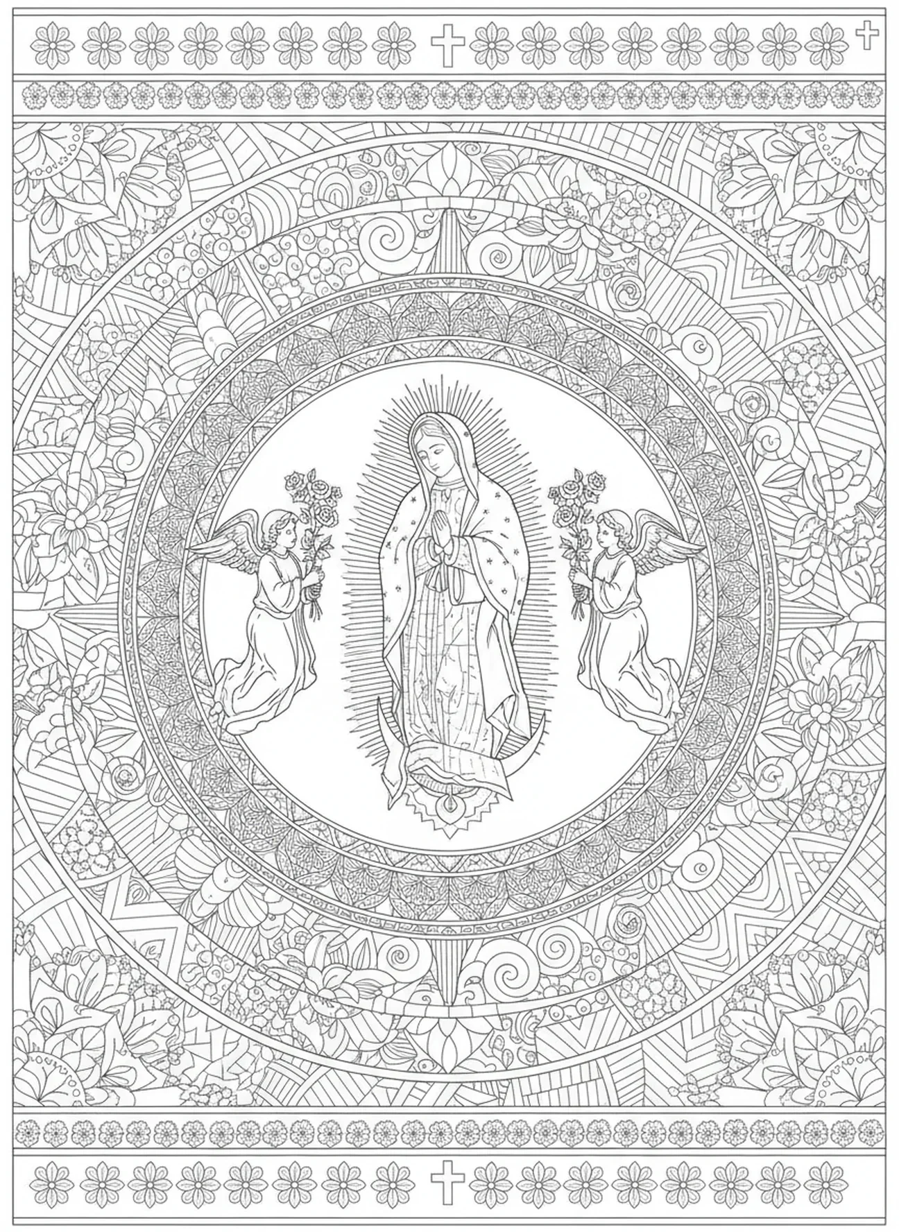 Chérubins avec des roses, page à colorier de Notre-Dame de Guadalupe pour le style de journal biblique pour adultes