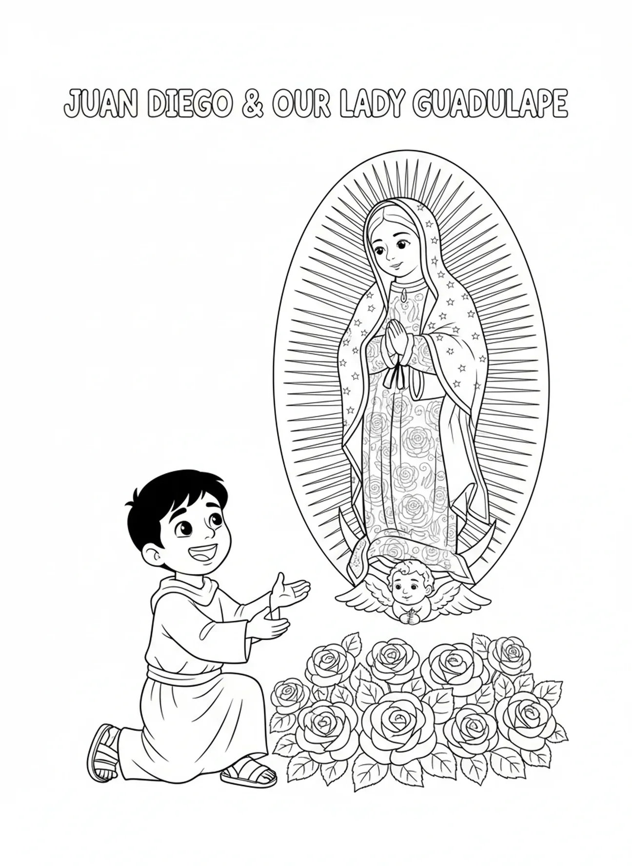 Juan Diego s'approche avec enthousiasme de Notre-Dame de Guadalupe, page à colorier Notre-Dame de Guadalupe pour les enfants de 5 à 10 ans.