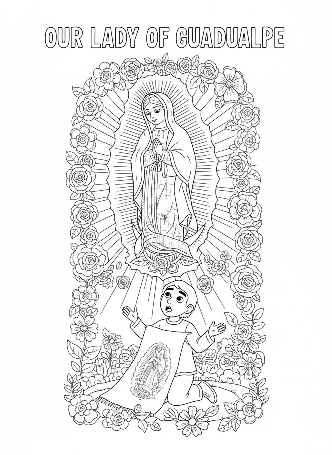 Notre-Dame de Guadalupe apparaissant dans la lumière, Juan Diego regardant avec émerveillement, page à colorier Notre-Dame de Guadalupe pour les enfants de 5 à 10 ans.