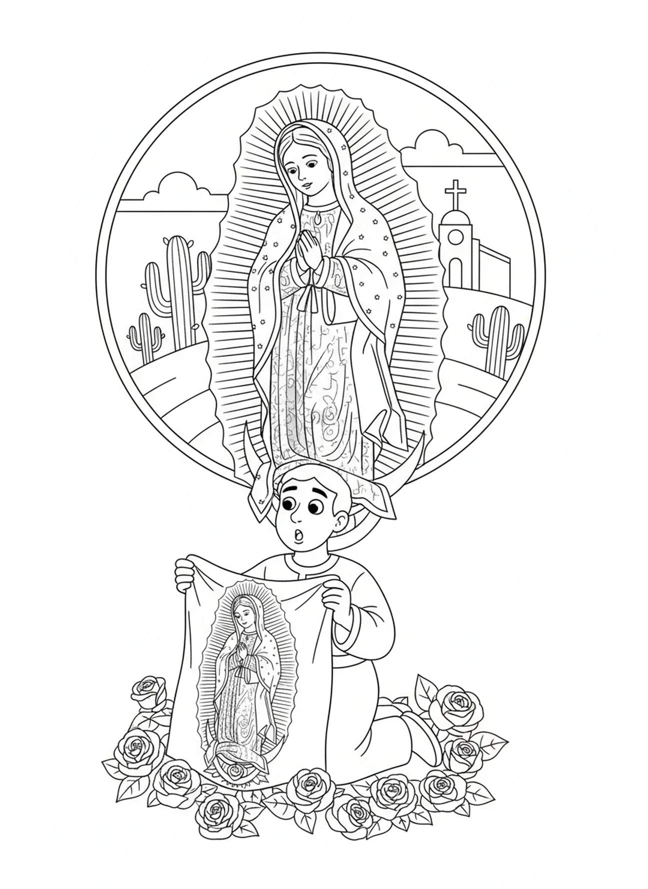 Image miraculeuse de Notre-Dame de Guadalupe sur le manteau, page à colorier Notre-Dame de Guadalupe pour les enfants de 5 à 10 ans.