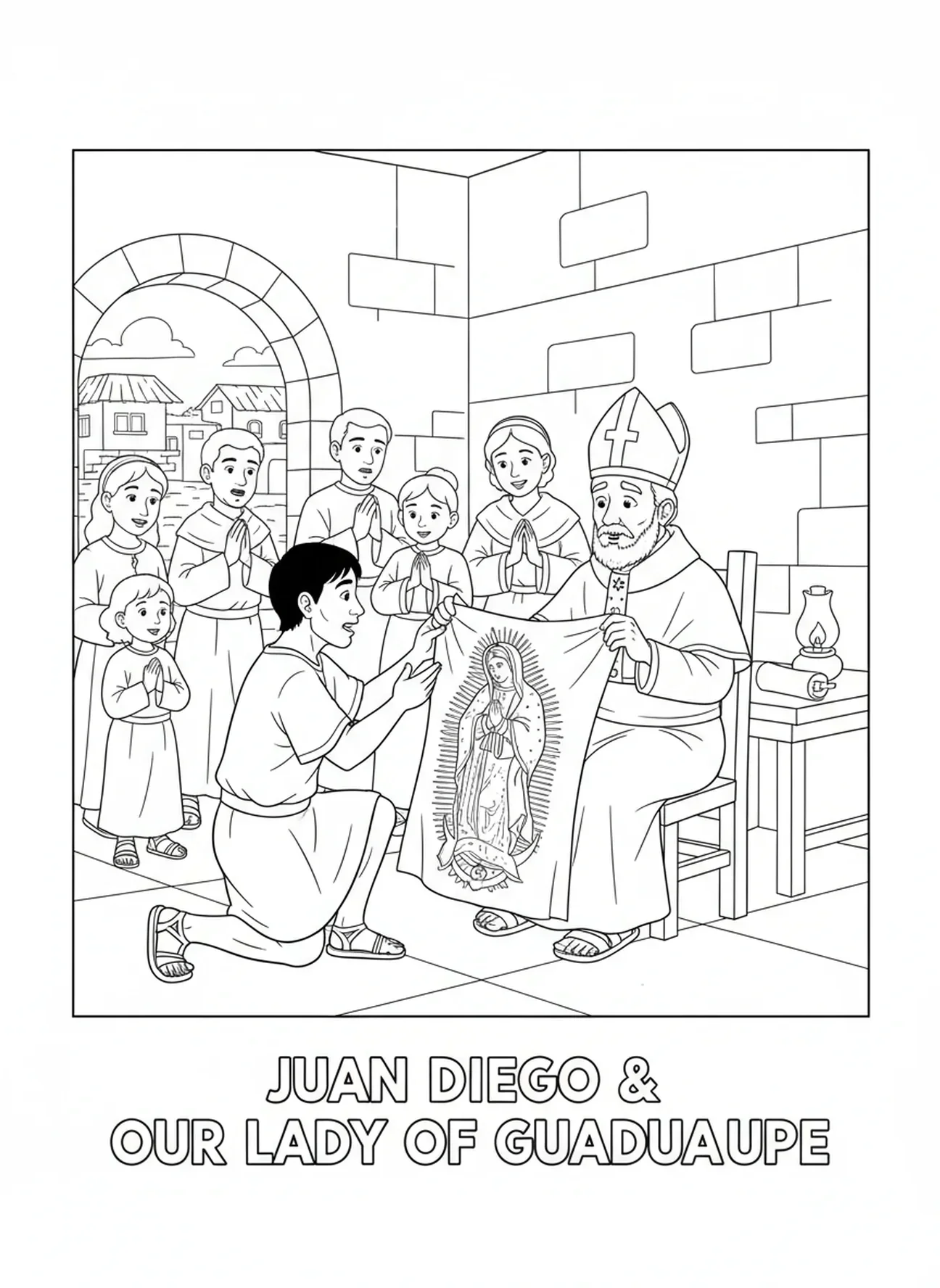 Obispo recibiendo el manto, página para colorear de Nuestra Señora de Guadalupe para niños de Escuela Dominical de 5 a 12 años