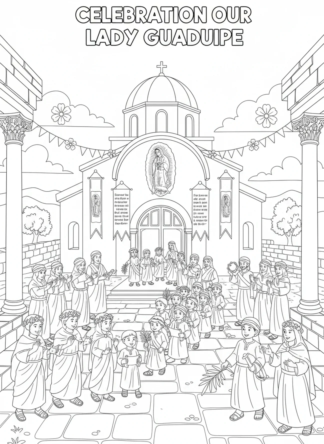 Celebración de la iglesia de Guadalupe, página para colorear de Nuestra Señora de Guadalupe para niños de Escuela Dominical de 5 a 12 años