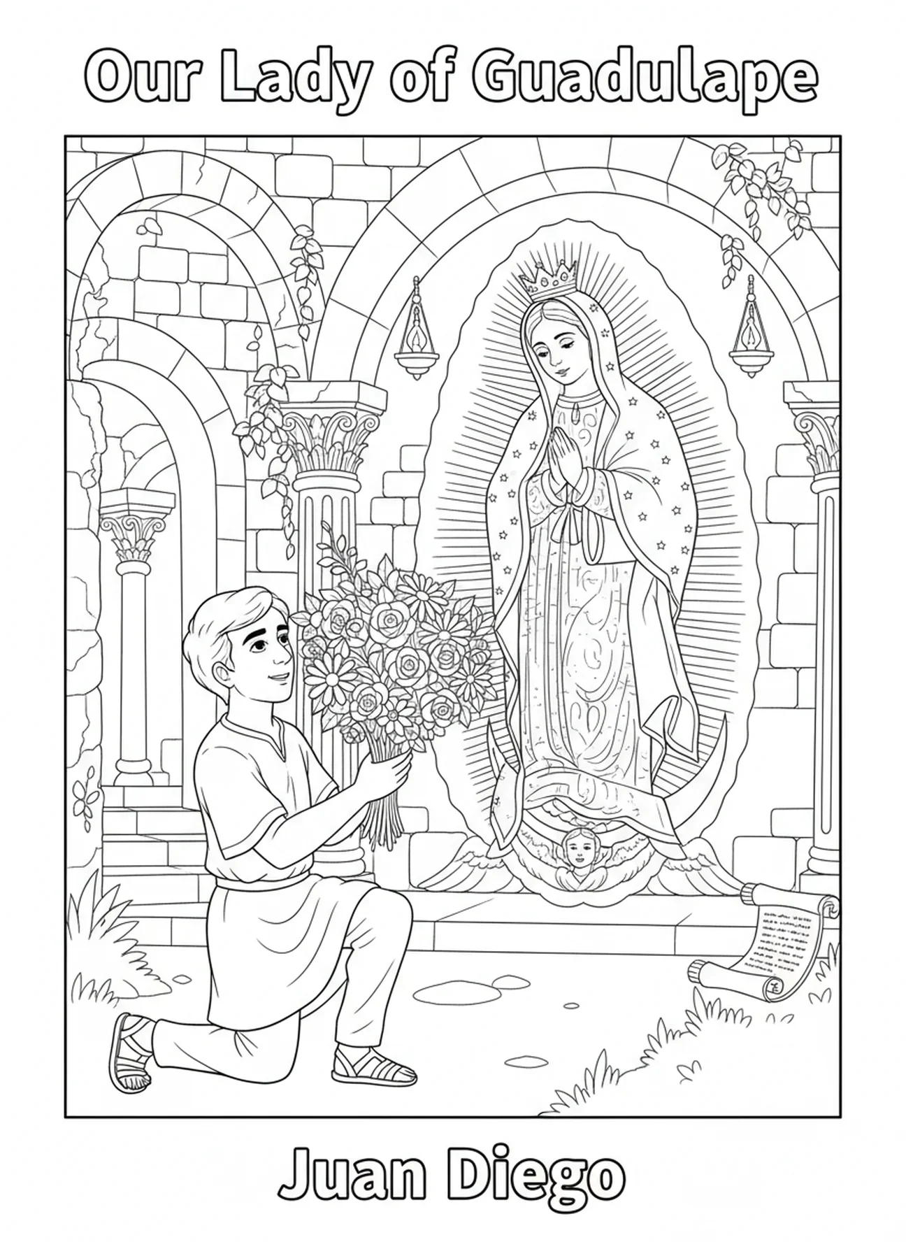Juan Diego arrodillado, página para colorear de Nuestra Señora de Guadalupe para niños de la Escuela Dominical de 5 a 12 años