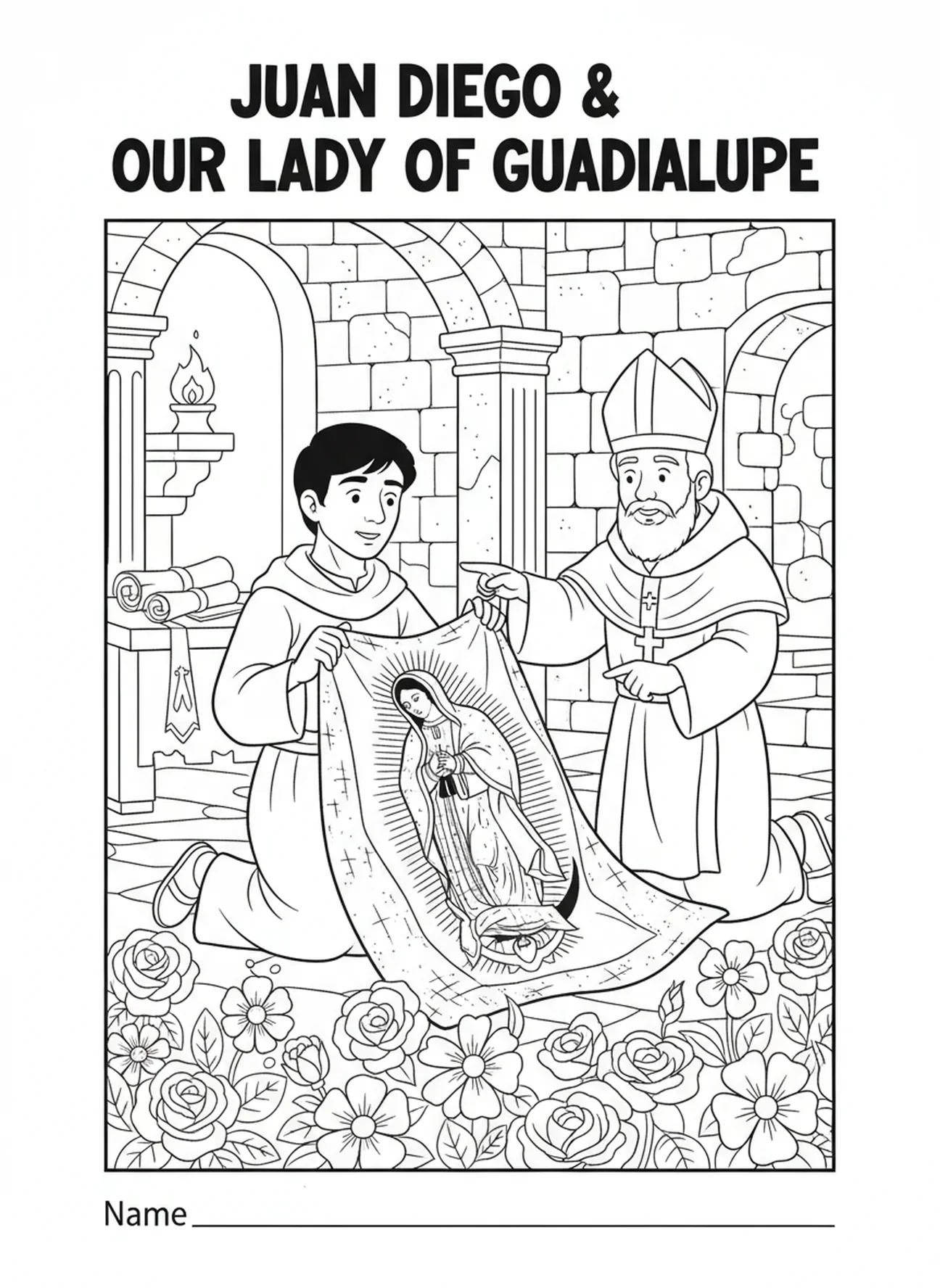 La capa de Juan Diego, página para colorear de Nuestra Señora de Guadalupe para niños de Escuela Dominical de 5 a 12 años