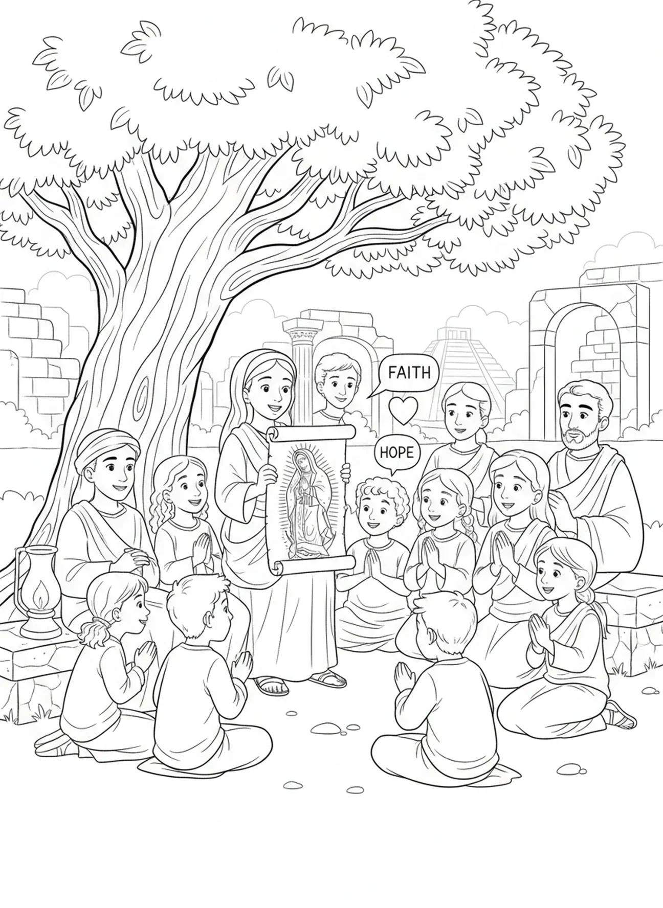 Reuniéndose para compartir historias, página para colorear de Nuestra Señora de Guadalupe para niños de Escuela Dominical de 5 a 12 años