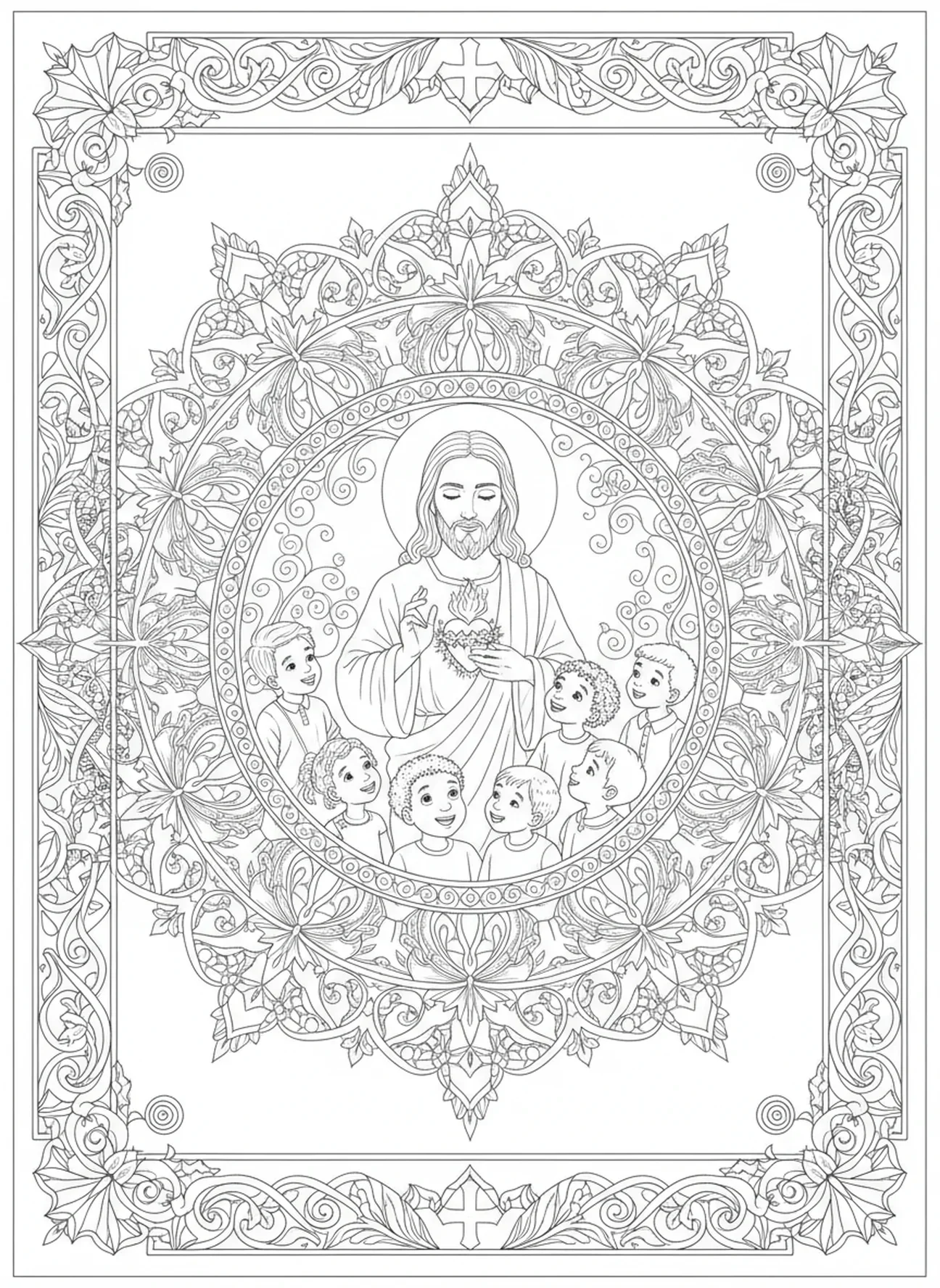 Jesús bendiciendo a los niños, página para colorear del Sagrado Corazón de Jesús estilo journaling bíblico para adultos
