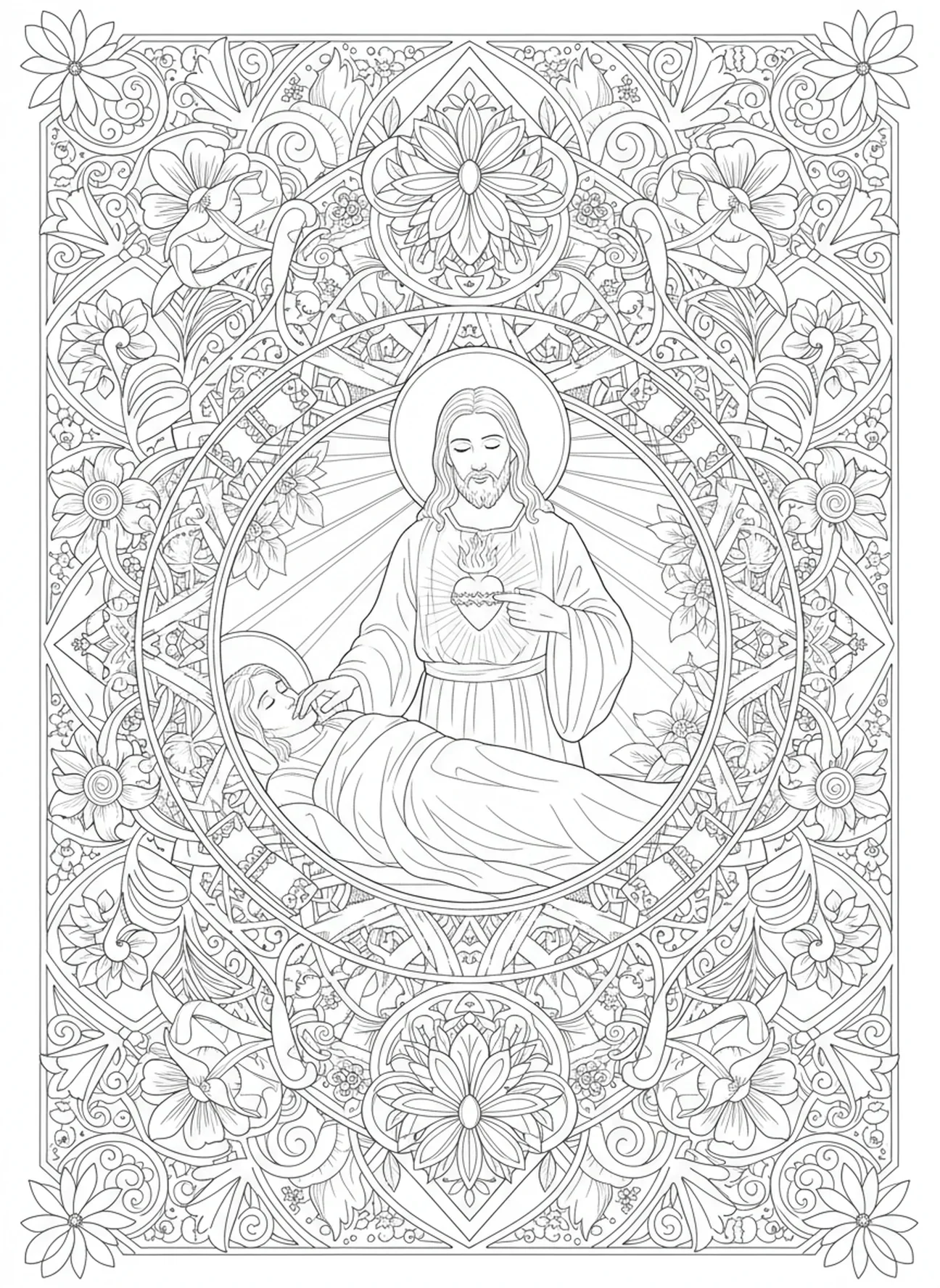 Jesús sanando a los enfermos, página para colorear del Sagrado Corazón de Jesús estilo journaling bíblico para adultos