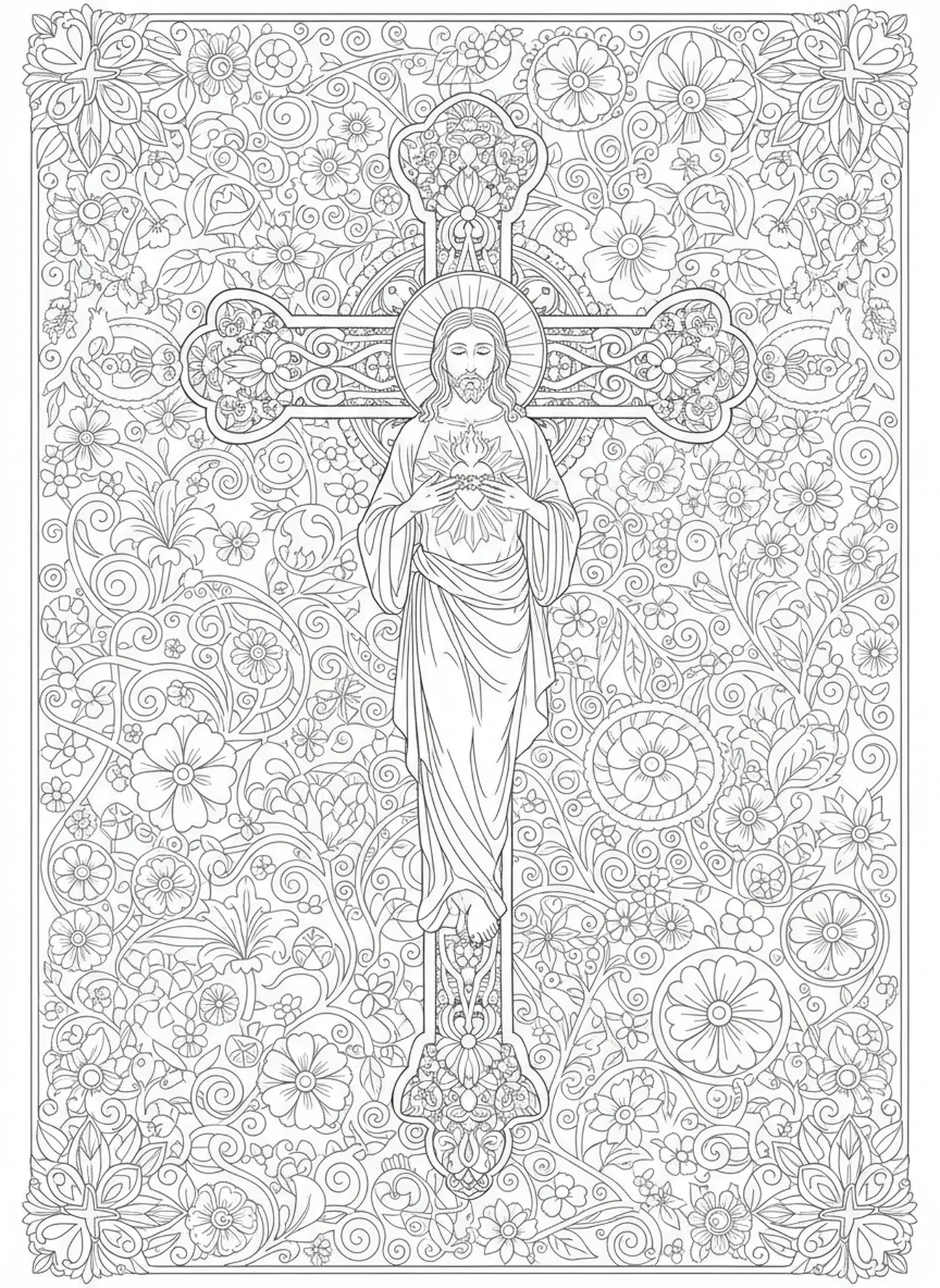 Jesús en la cruz, página para colorear del Sagrado Corazón de Jesús estilo journaling bíblico para adultos