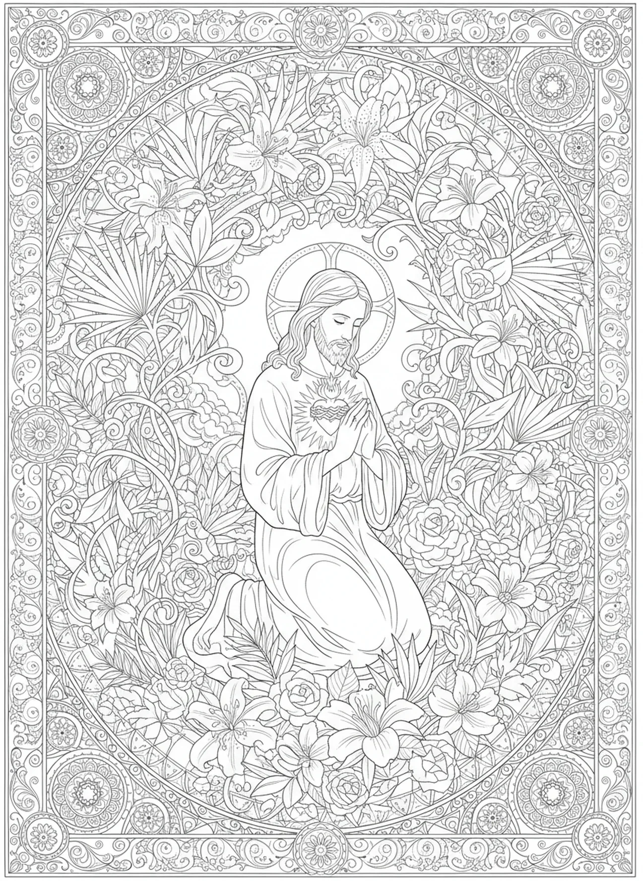 Jesús orando en el jardín, página para colorear del Sagrado Corazón de Jesús estilo journaling bíblico para adultos