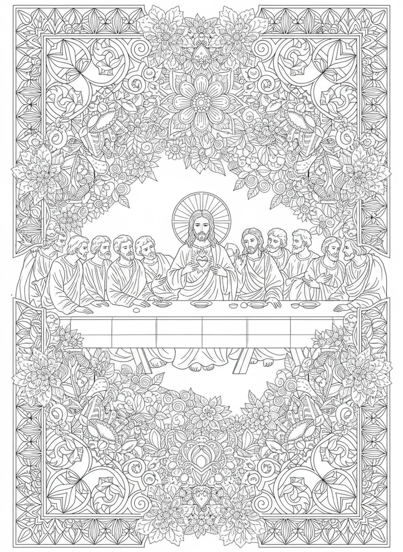 Jesús con sus discípulos, página para colorear del Sagrado Corazón de Jesús estilo journaling bíblico para adultos