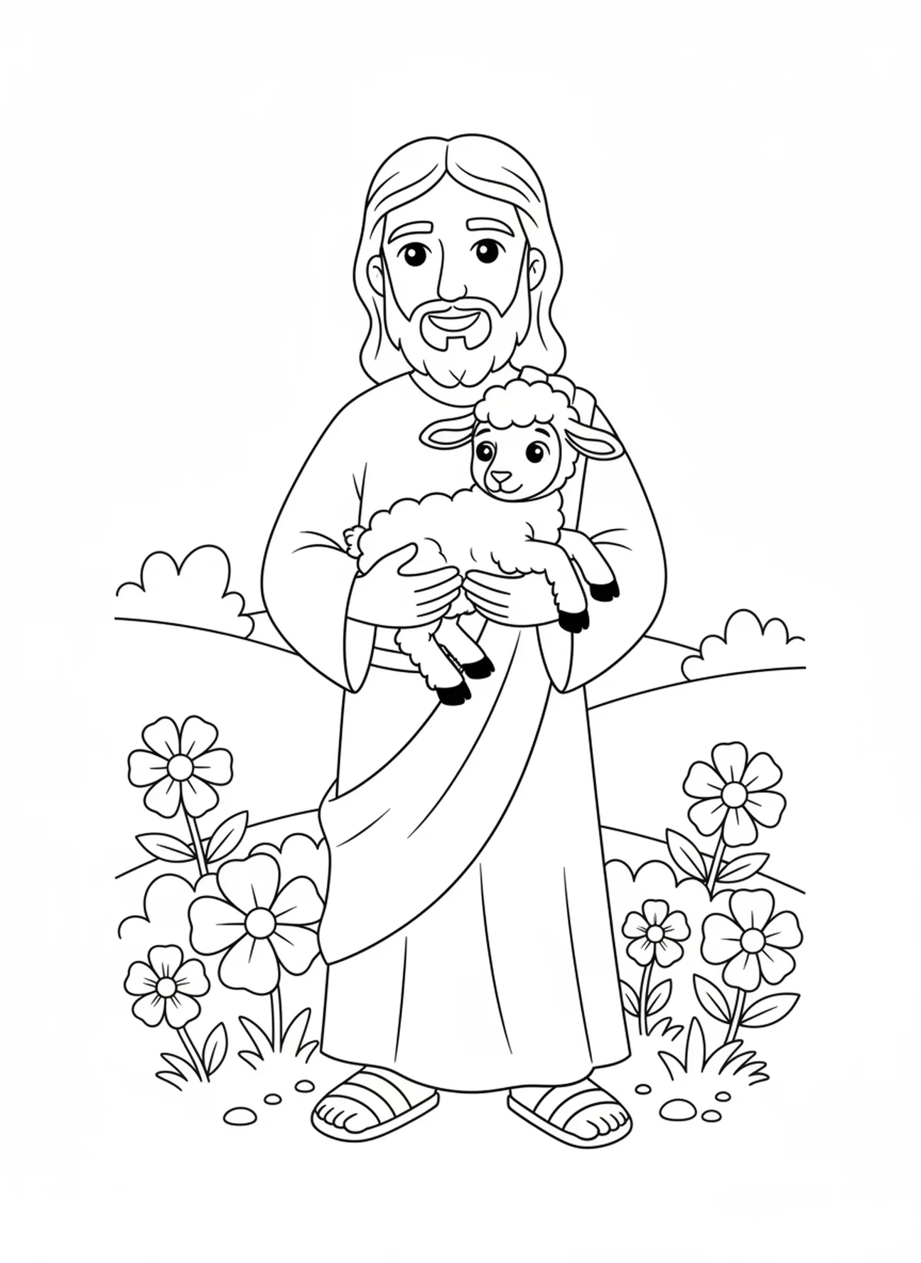 Jésus portant un agneau, page à colorier du Sacré-Cœur de Jésus pour les enfants de 5 à 10 ans.