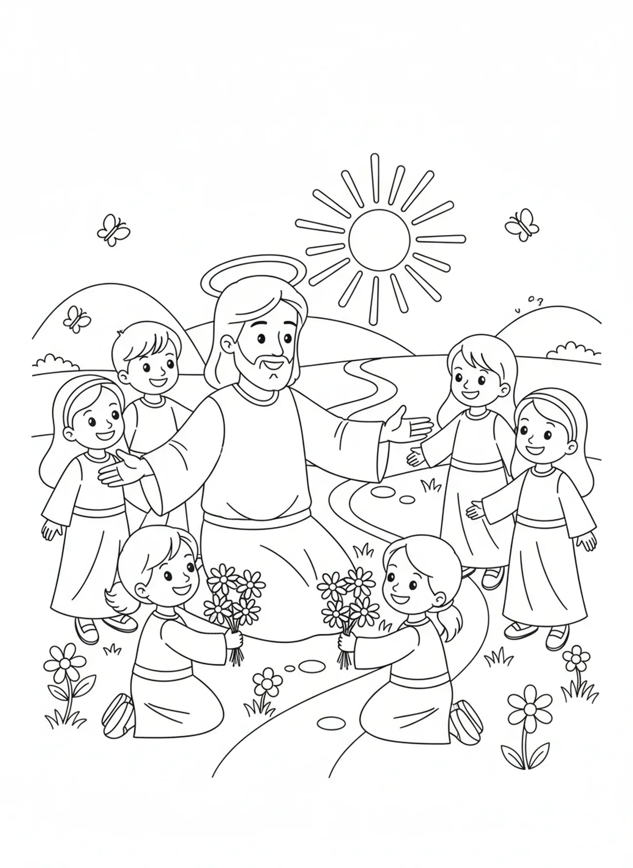 Jésus bénissant des enfants, page à colorier du Sacré-Cœur de Jésus pour les enfants de 5 à 10 ans.