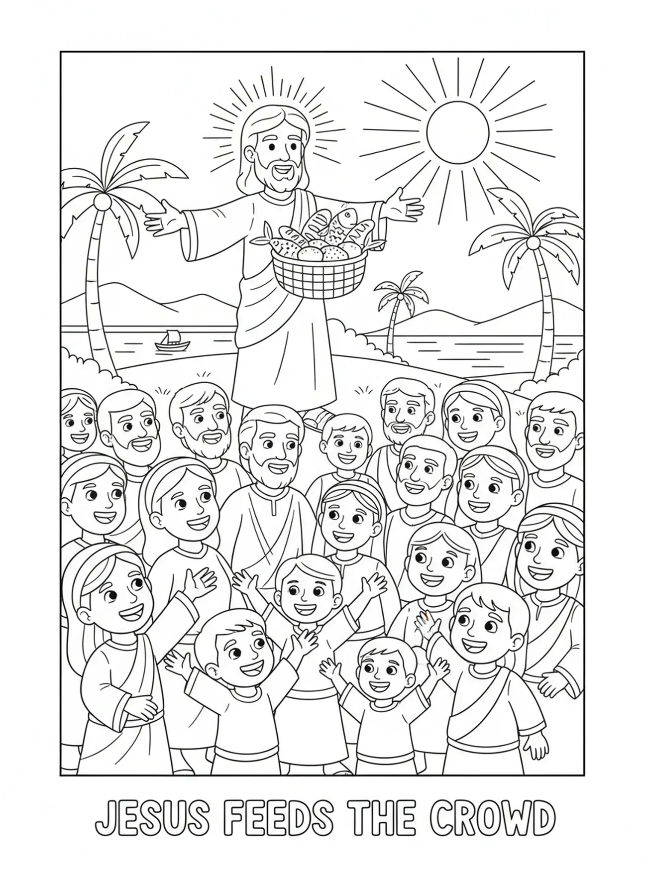 Jésus partageant du pain, page à colorier du Sacré-Cœur de Jésus pour les enfants de 5 à 10 ans.