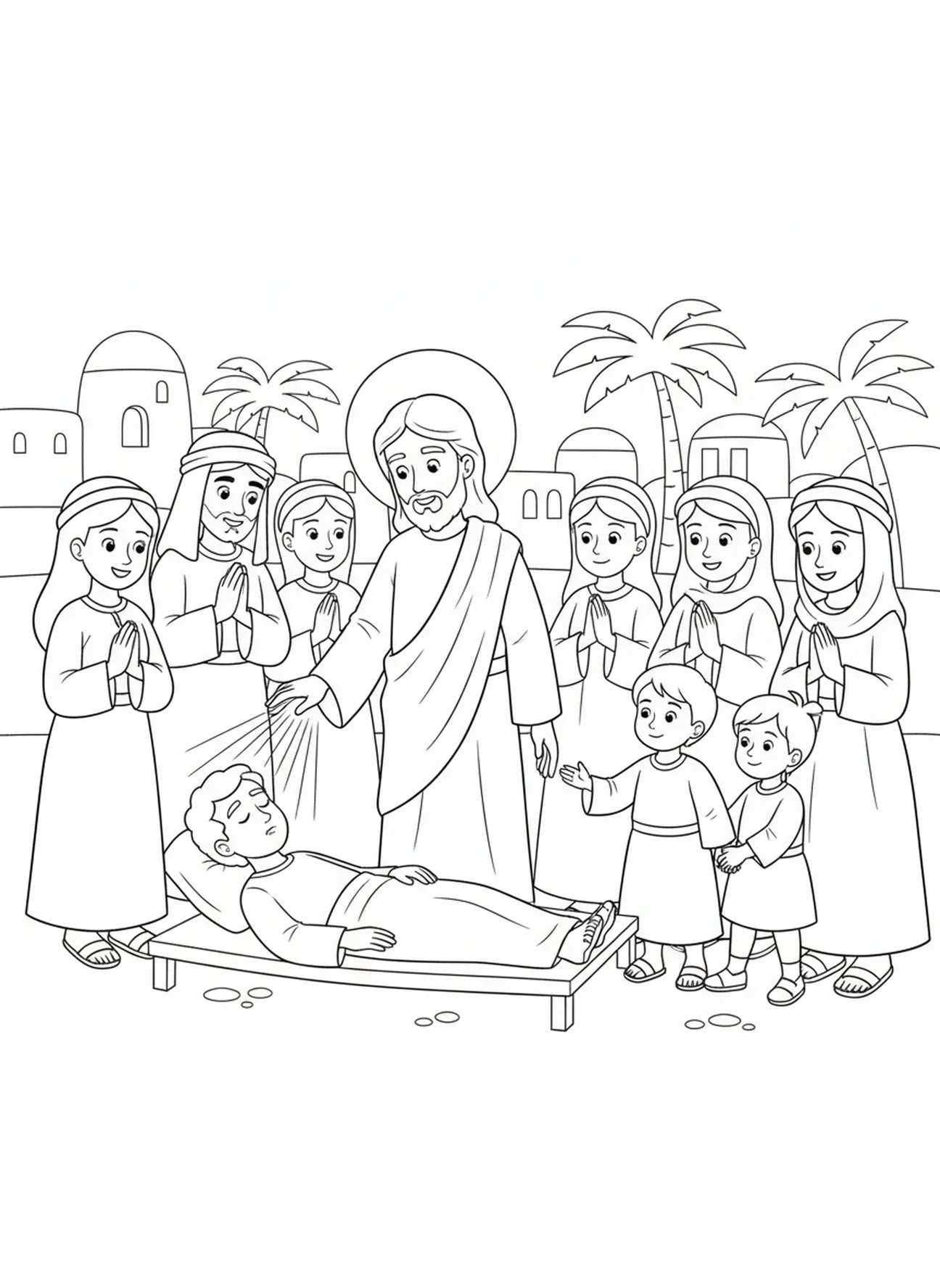 Jésus guérissant les malades, page à colorier du Sacré-Cœur de Jésus pour les enfants de 5 à 10 ans.