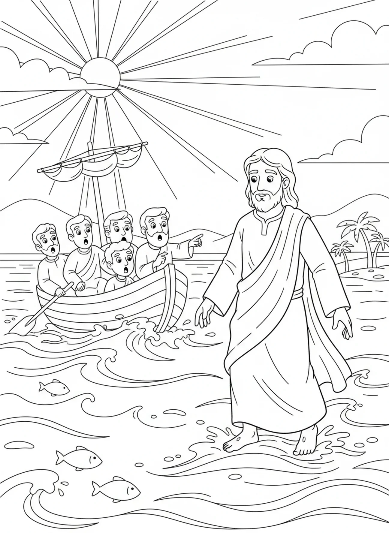 Jésus marchant sur l'eau, page à colorier du Sacré-Cœur de Jésus pour les enfants de 5 à 10 ans.
