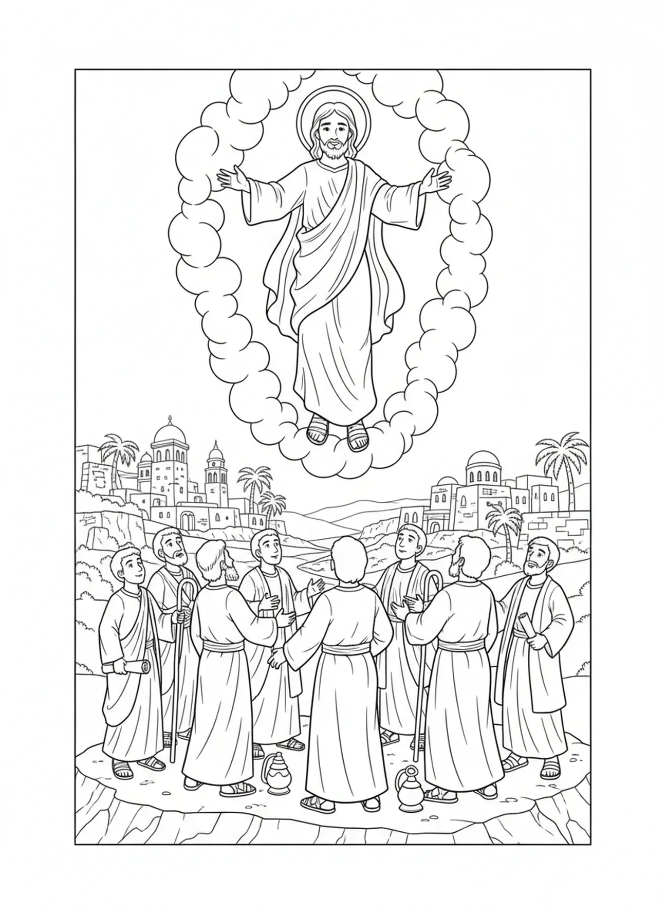 Jesus, der in den Himmel aufsteigt, Ausmalbild vom Heiligsten Herzen Jesu für die Sonntagsschule für Kinder im Alter von 5-12 Jahren.