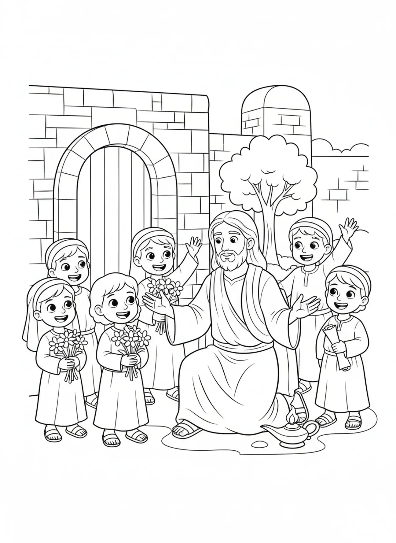 Jesus segnet Kinder, Ausmalbild vom Heiligsten Herzen Jesu für die Sonntagsschule für Kinder im Alter von 5-12 Jahren.