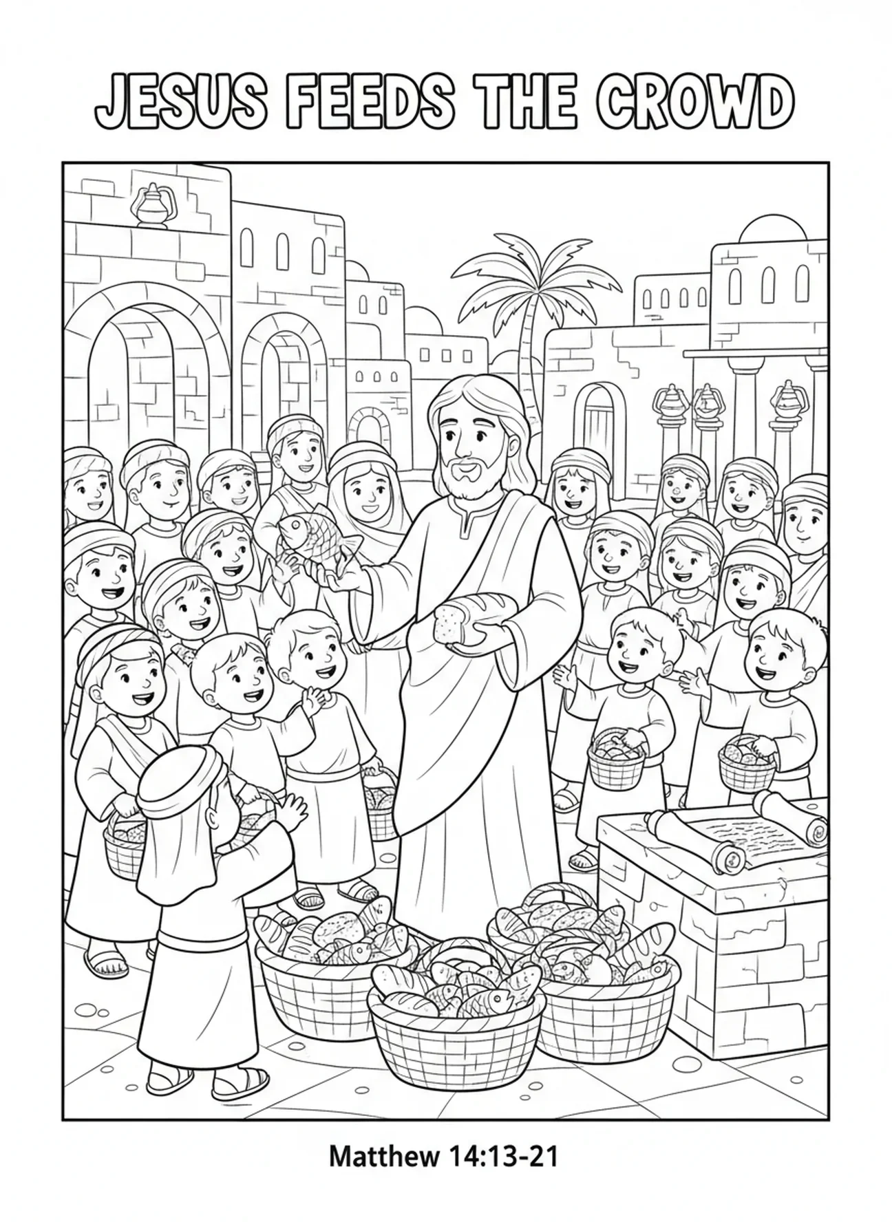 Jesus speist die Menge, Ausmalbild vom Heiligsten Herzen Jesu für die Sonntagsschule für Kinder im Alter von 5-12 Jahren.