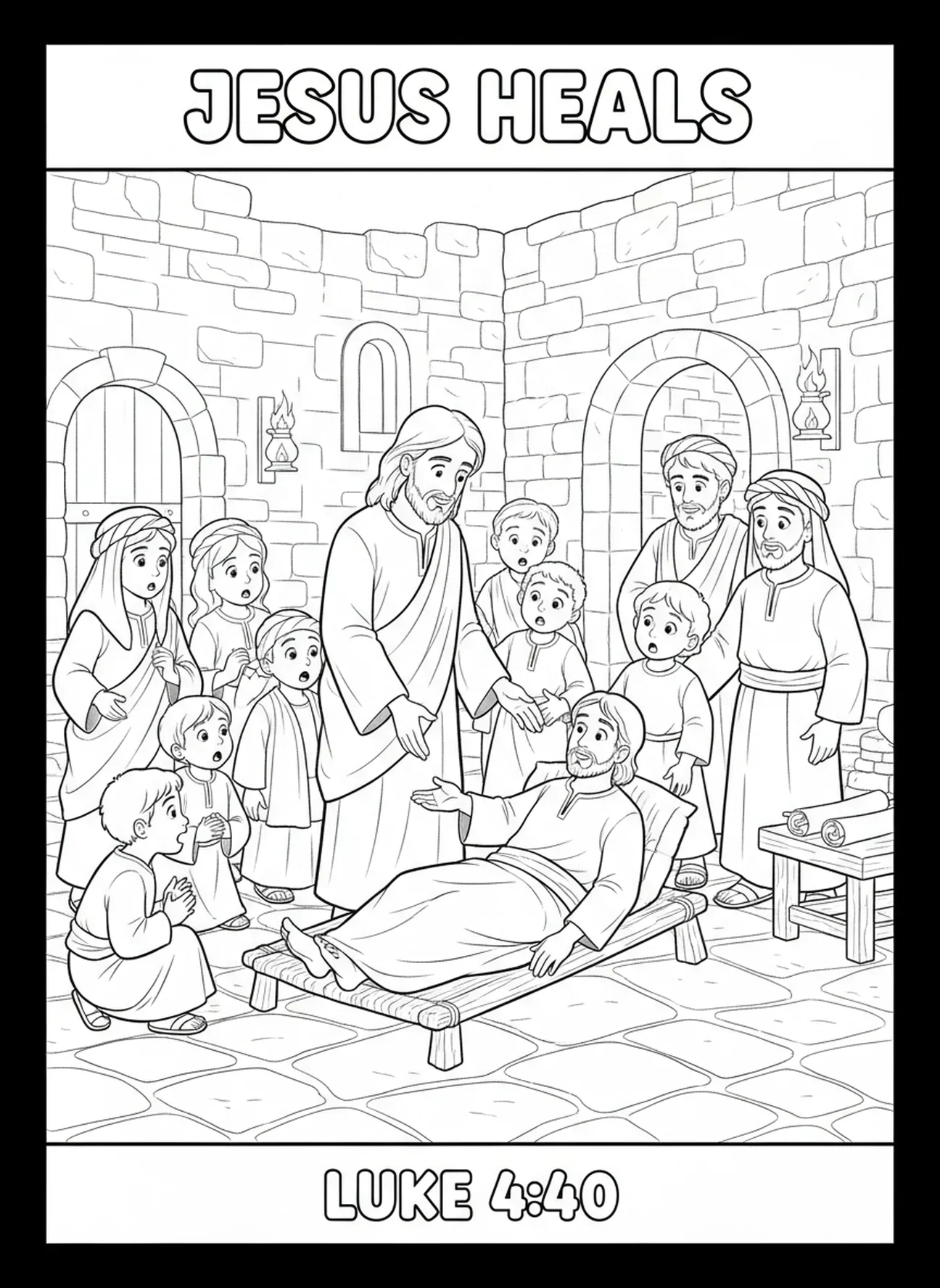 Jesus heilt die Kranken, Ausmalbild vom Heiligsten Herzen Jesu für Sonntagsschulkinder im Alter von 5-12 Jahren.