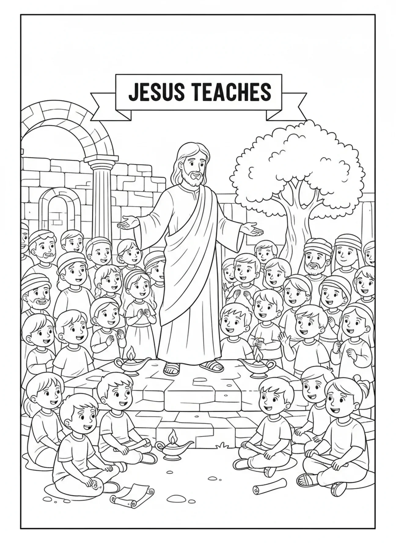 Jesus lehrt eine Menschenmenge, Ausmalbild vom Heiligen Herzen Jesu für die Sonntagsschule für Kinder im Alter von 5-12 Jahren.