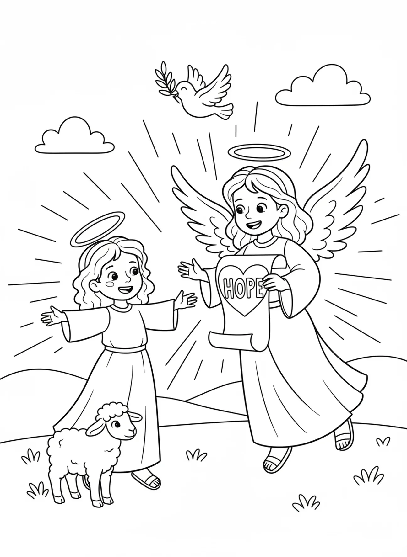 Sainte Agnès avec un ange, page à colorier Sainte Agnès pour enfants de 5 à 10 ans