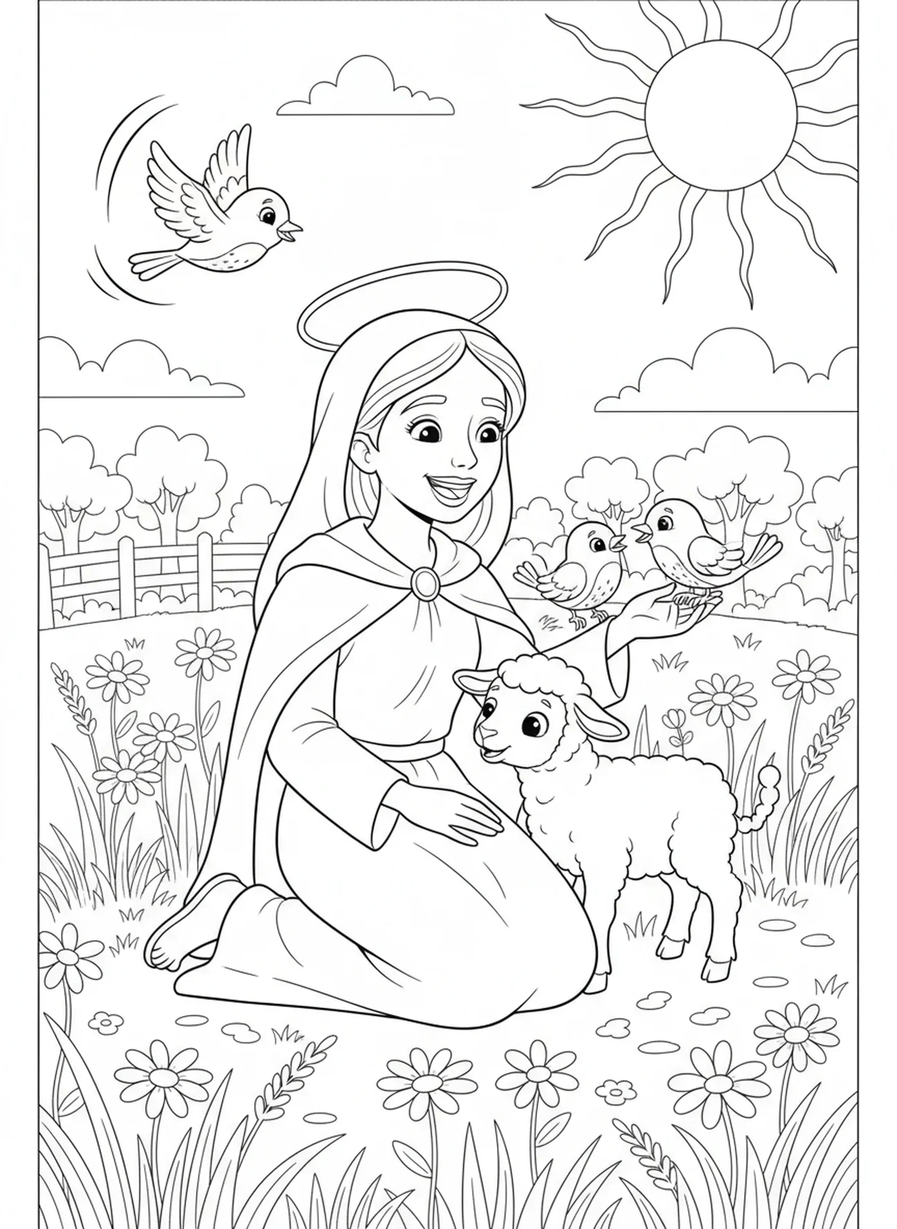 Sainte Agnès avec un agneau, page à colorier Sainte Agnès pour les enfants de 5 à 10 ans