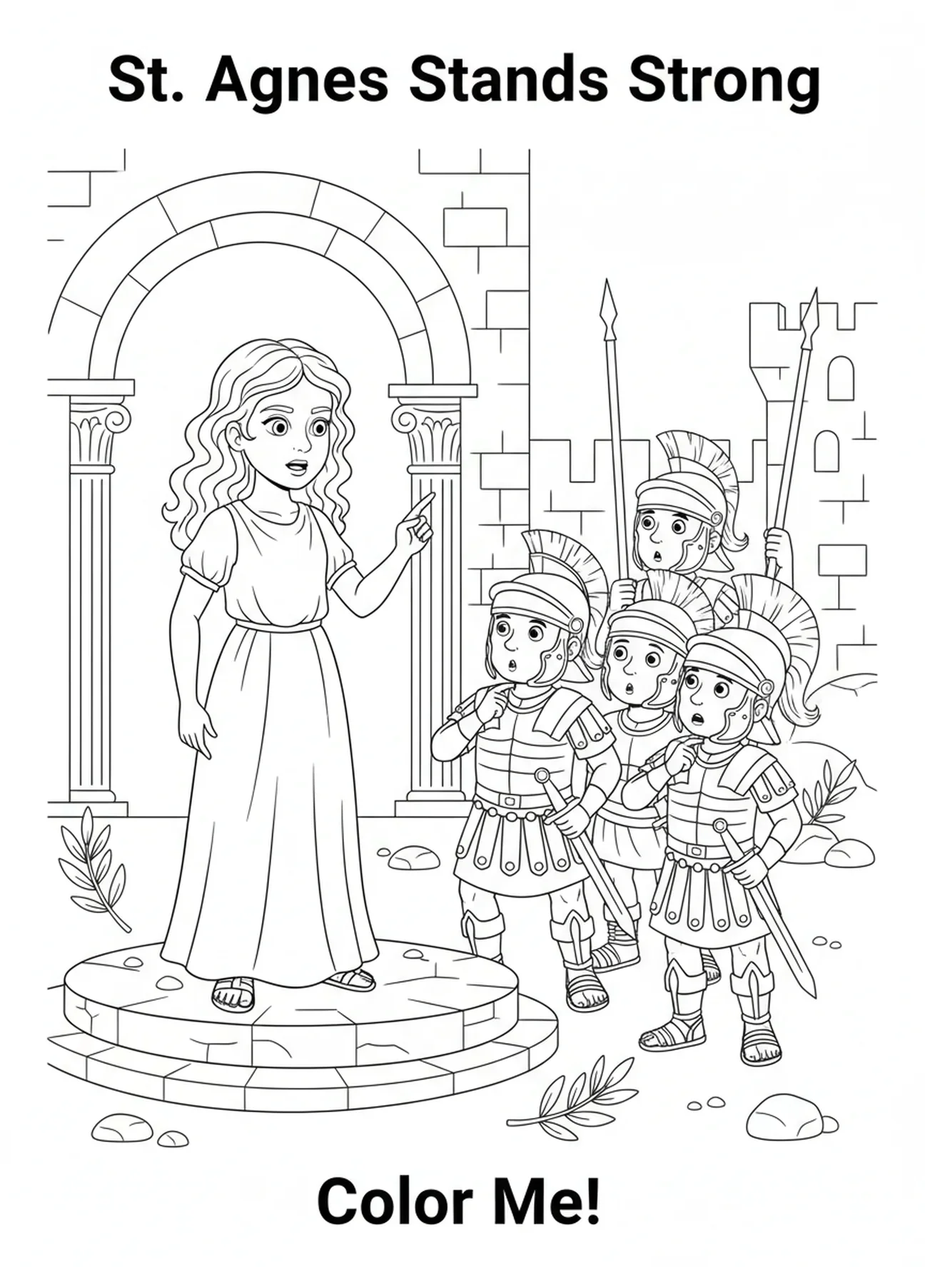 Sainte Agnès parlant aux soldats, page à colorier Sainte Agnès pour les enfants de 5 à 10 ans