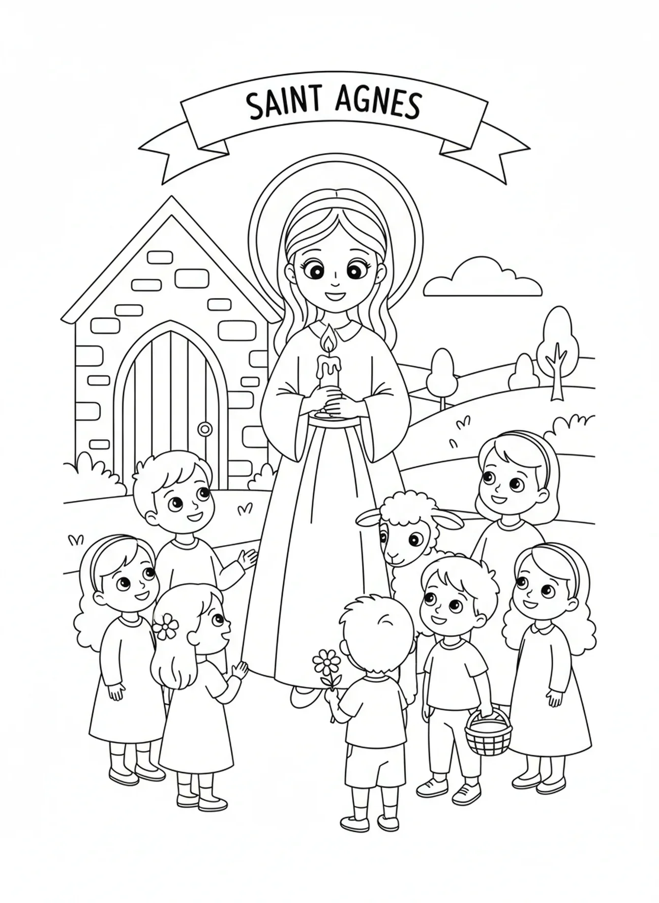 Sainte Agnès tenant une bougie, page à colorier Sainte Agnès pour enfants de 5 à 10 ans