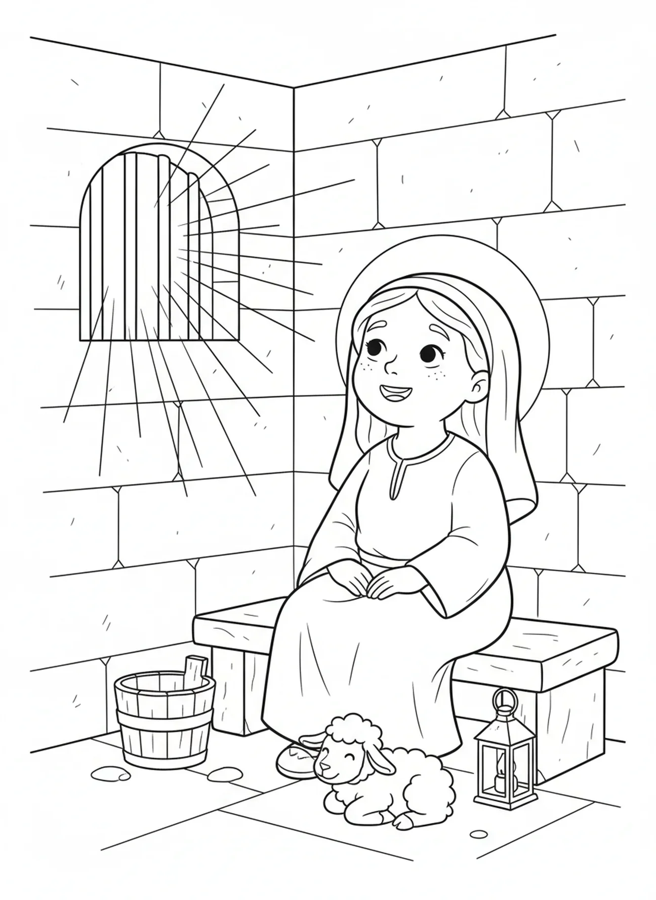 Sainte Agnès dans une cellule de prison, page à colorier Sainte Agnès pour les enfants de 5 à 10 ans