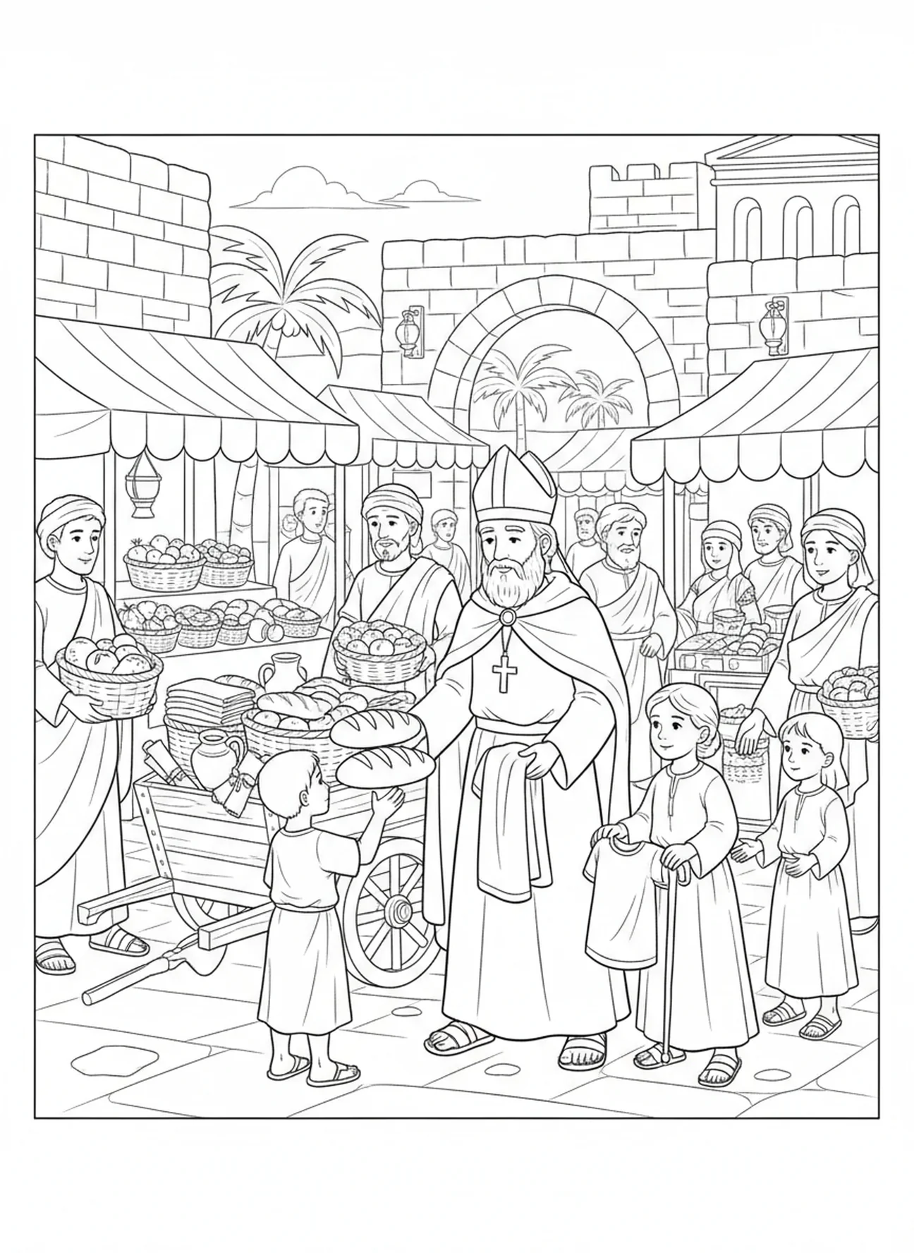 Saint Ambroise partageant de la nourriture, page à colorier Saint Ambroise pour les enfants de l'École du dimanche âgés de 5 à 12 ans