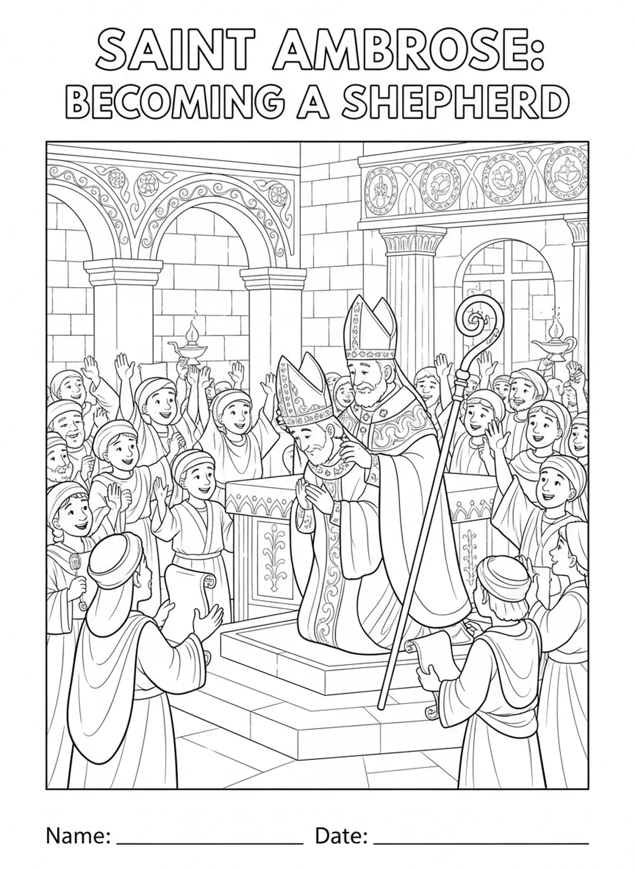 Saint Ambroise couronné évêque, page à colorier Saint Ambroise pour les enfants de l'École du dimanche âgés de 5 à 12 ans
