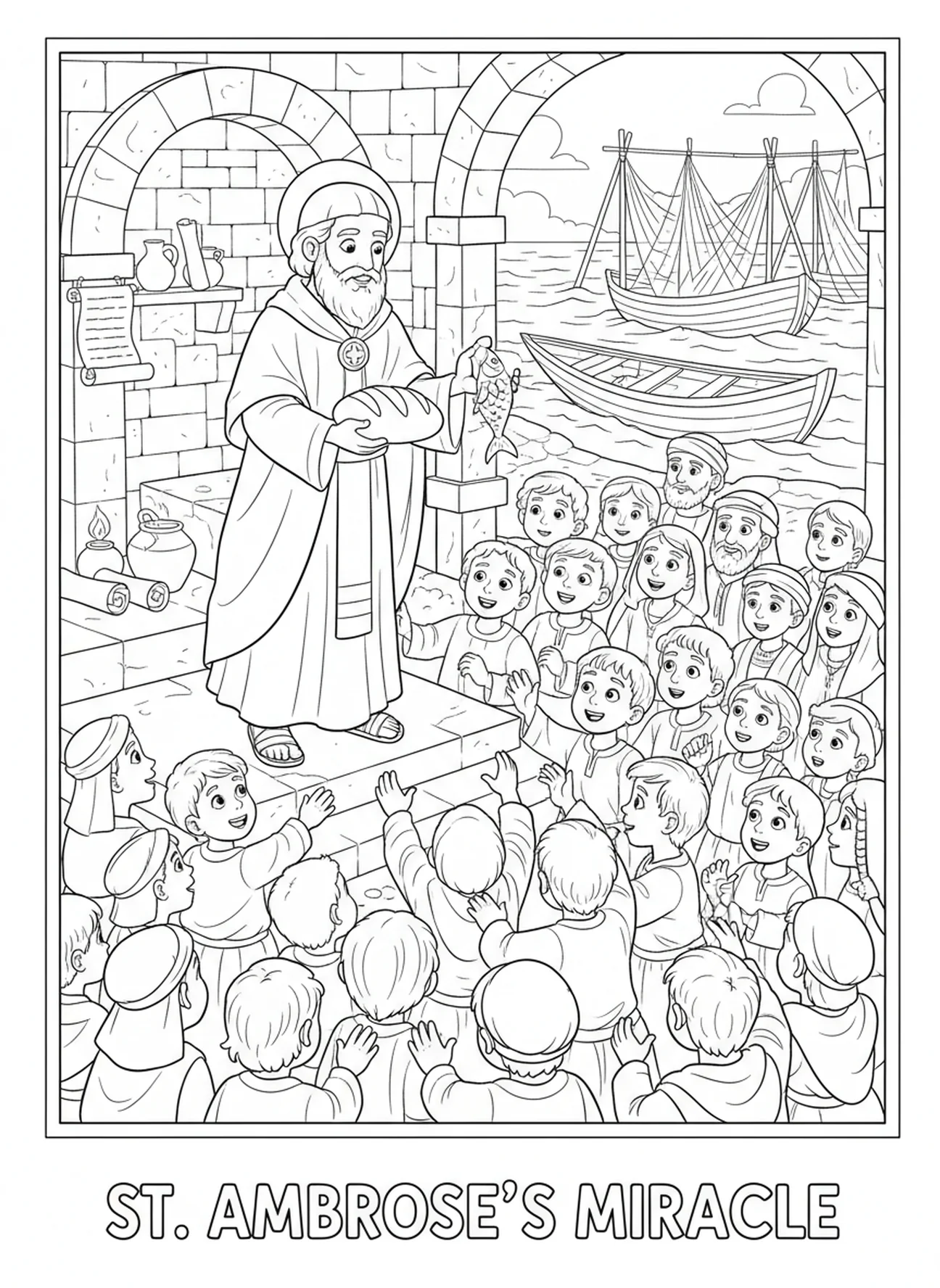 Miracle de Saint Ambroise nourrissant, page à colorier Saint Ambroise pour les enfants de l'École du dimanche âgés de 5 à 12 ans