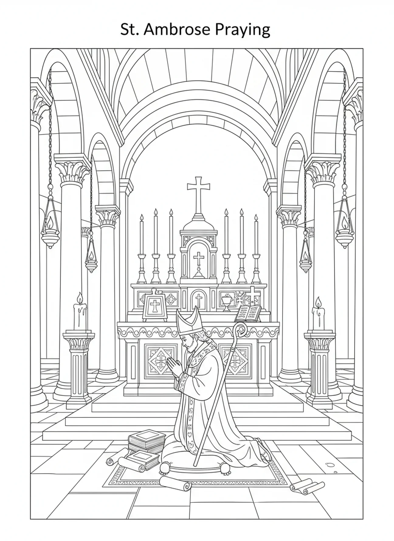 Saint Ambroise en prière dans l'église, page à colorier Saint Ambroise pour les enfants de l'École du dimanche âgés de 5 à 12 ans