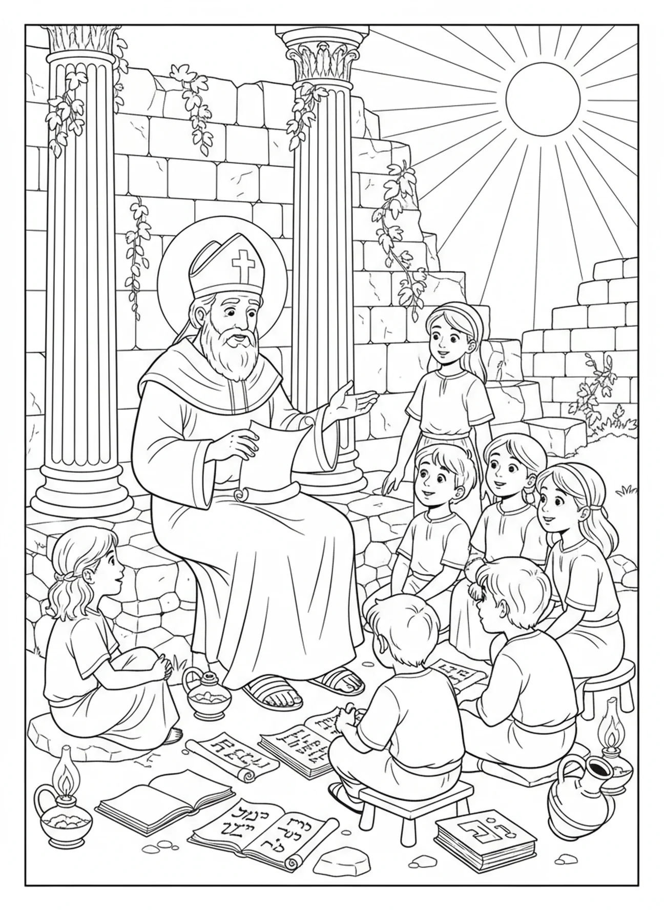 Saint Ambroise enseignant des enfants, page à colorier Saint Ambroise pour les enfants de l'École du dimanche âgés de 5 à 12 ans