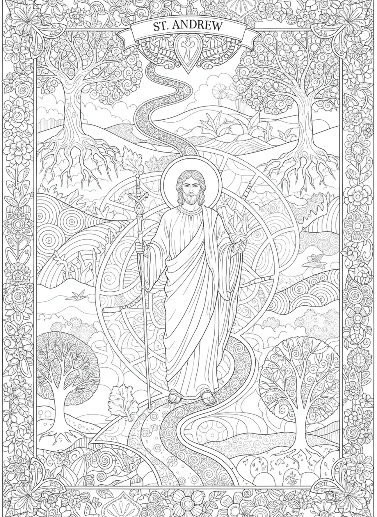 São André em sua jornada com um cajado, página para colorir de São André para adultos no estilo de journaling bíblico
