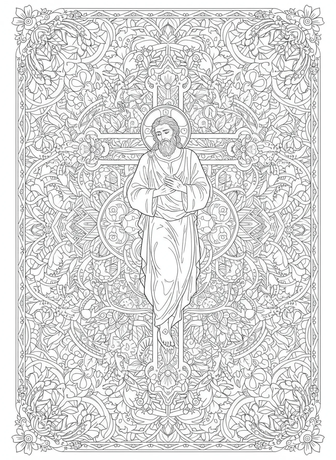 São André em uma cruz em forma de X, página para colorir de São André no estilo de journaling bíblico para adultos