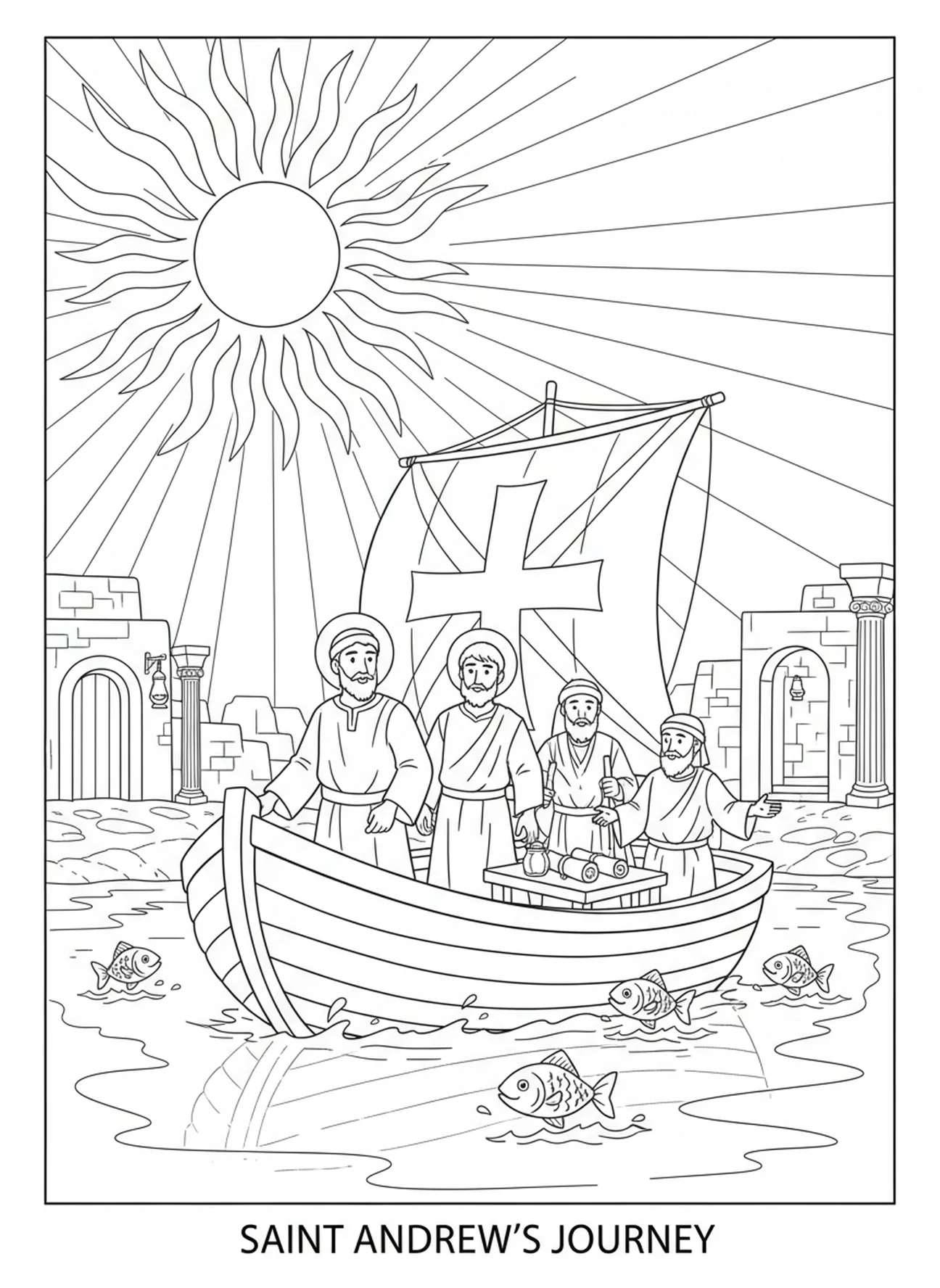 Saint André sur un bateau, page à colorier de Saint André pour les enfants de l'École du dimanche âgés de 5 à 12 ans.