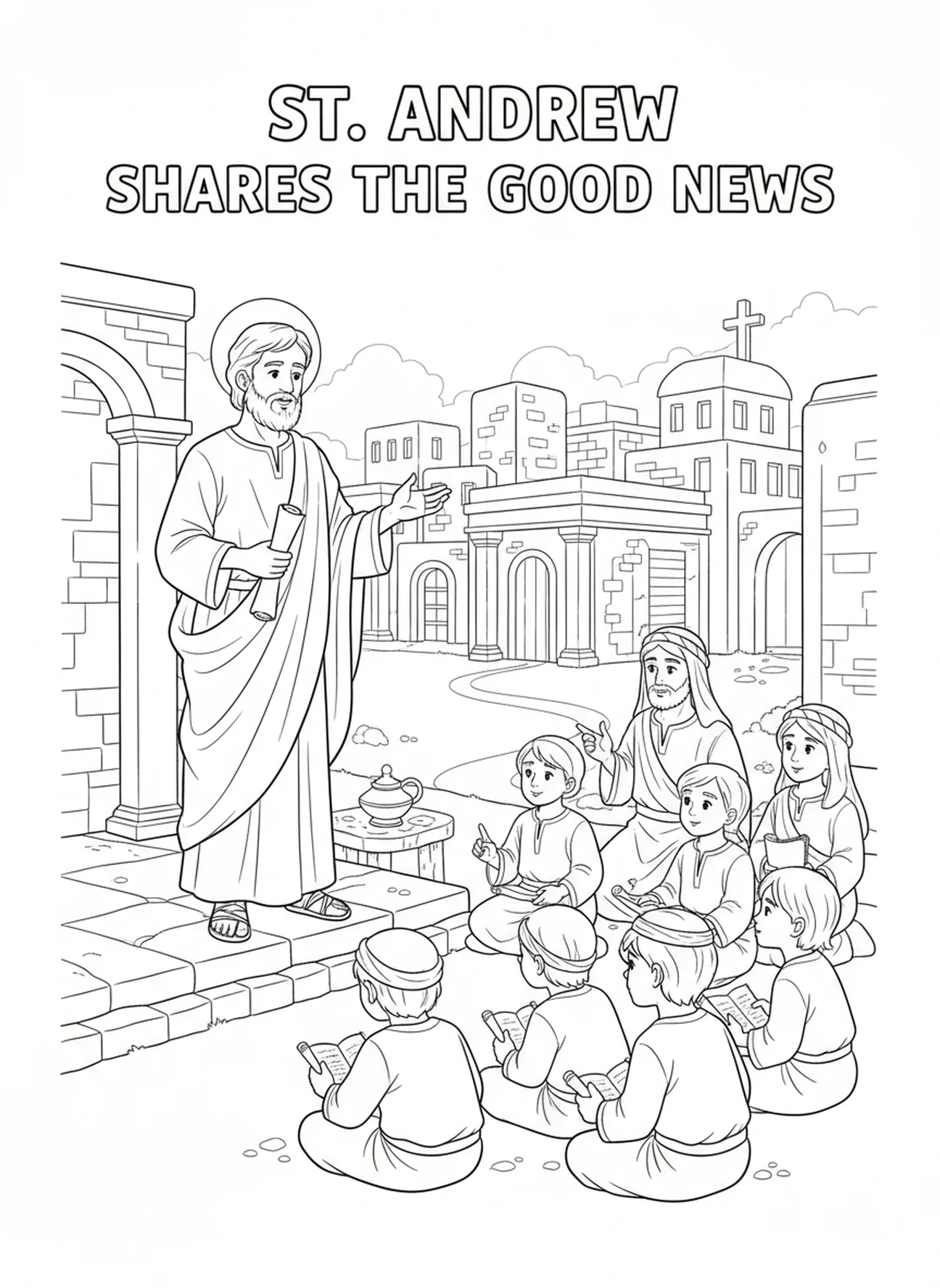 Saint André appelant des disciples, page à colorier Saint André pour les enfants de l'École du dimanche âgés de 5 à 12 ans.