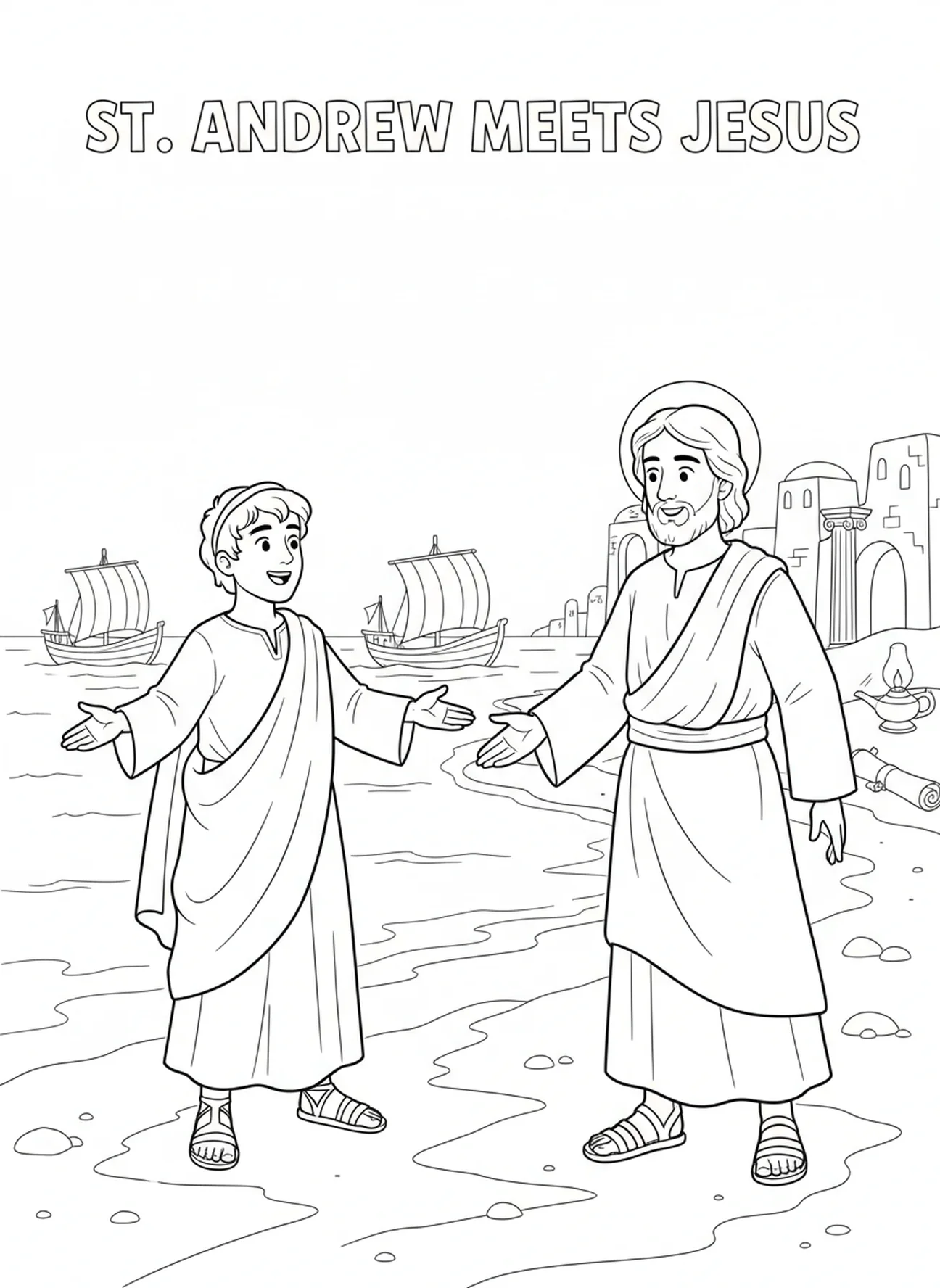 Saint André rencontrant Jésus sur la rive, page à colorier de Saint André pour les enfants de l'École du dimanche âgés de 5 à 12 ans.