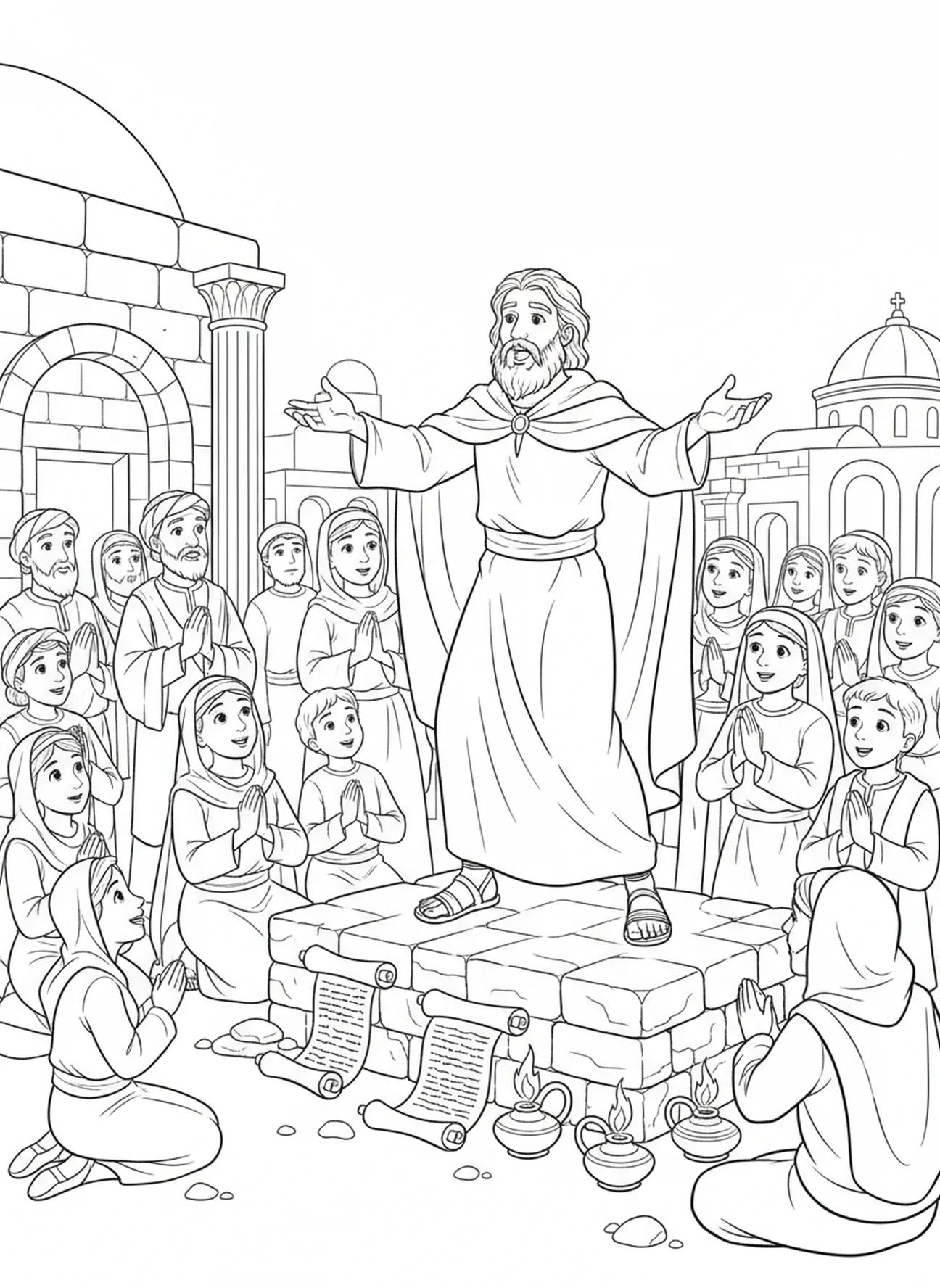 Saint André prêchant à une foule, page à colorier Saint André pour les enfants de l'École du dimanche âgés de 5 à 12 ans.